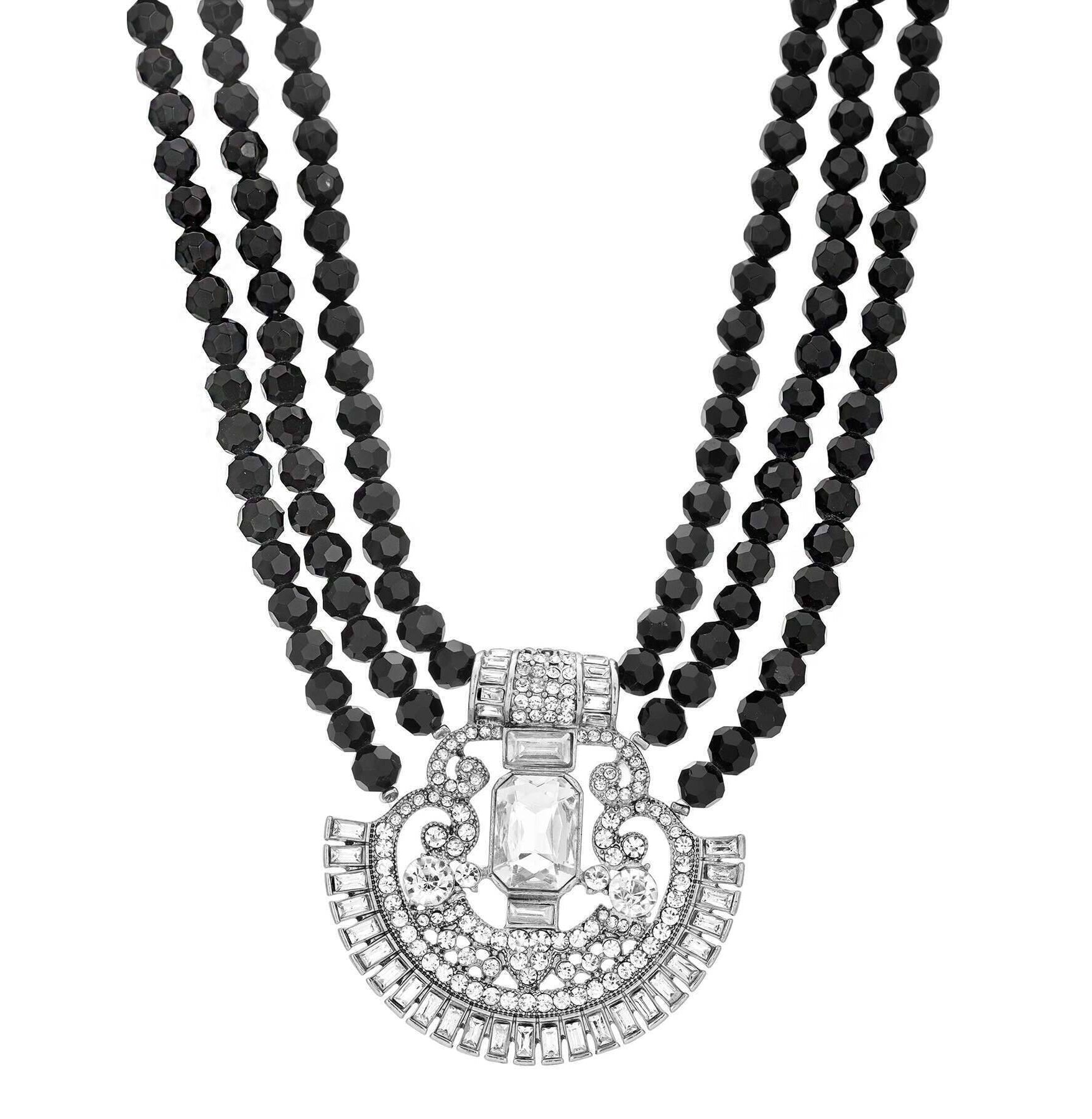 1928 Jewelry Three Row Beaded Strand Multi Crystal Pendant Necklace 16" + 3" Extender