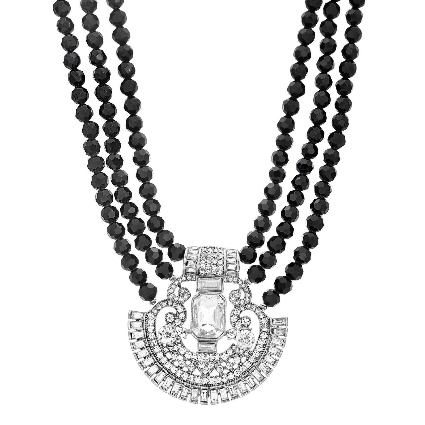 1928 Jewelry Three Row Beaded Strand Multi Crystal Pendant Necklace 16" + 3" Extender