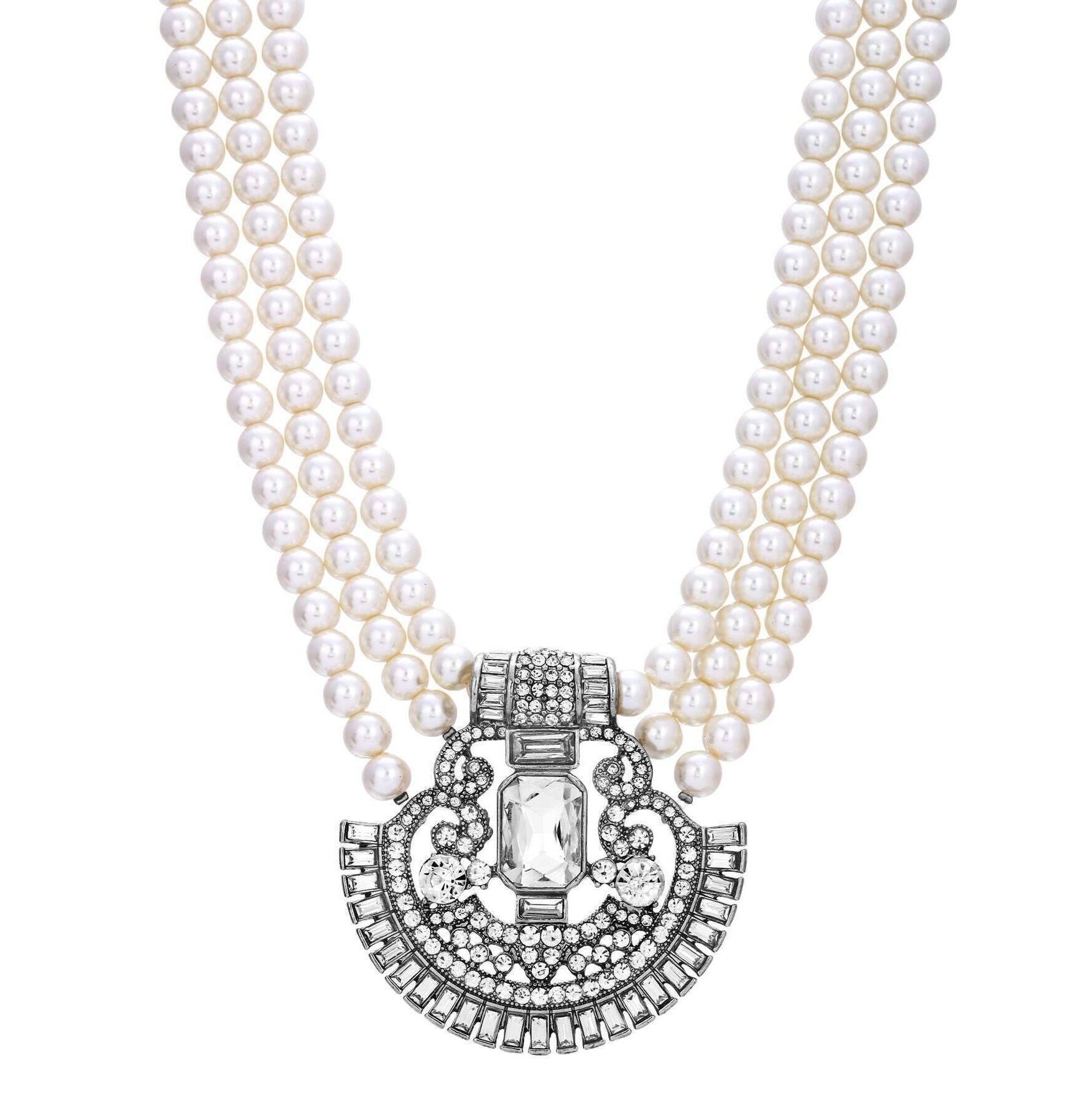 1928 Jewelry Three Row Beaded Strand Multi Crystal Pendant Necklace 16" + 3" Extender