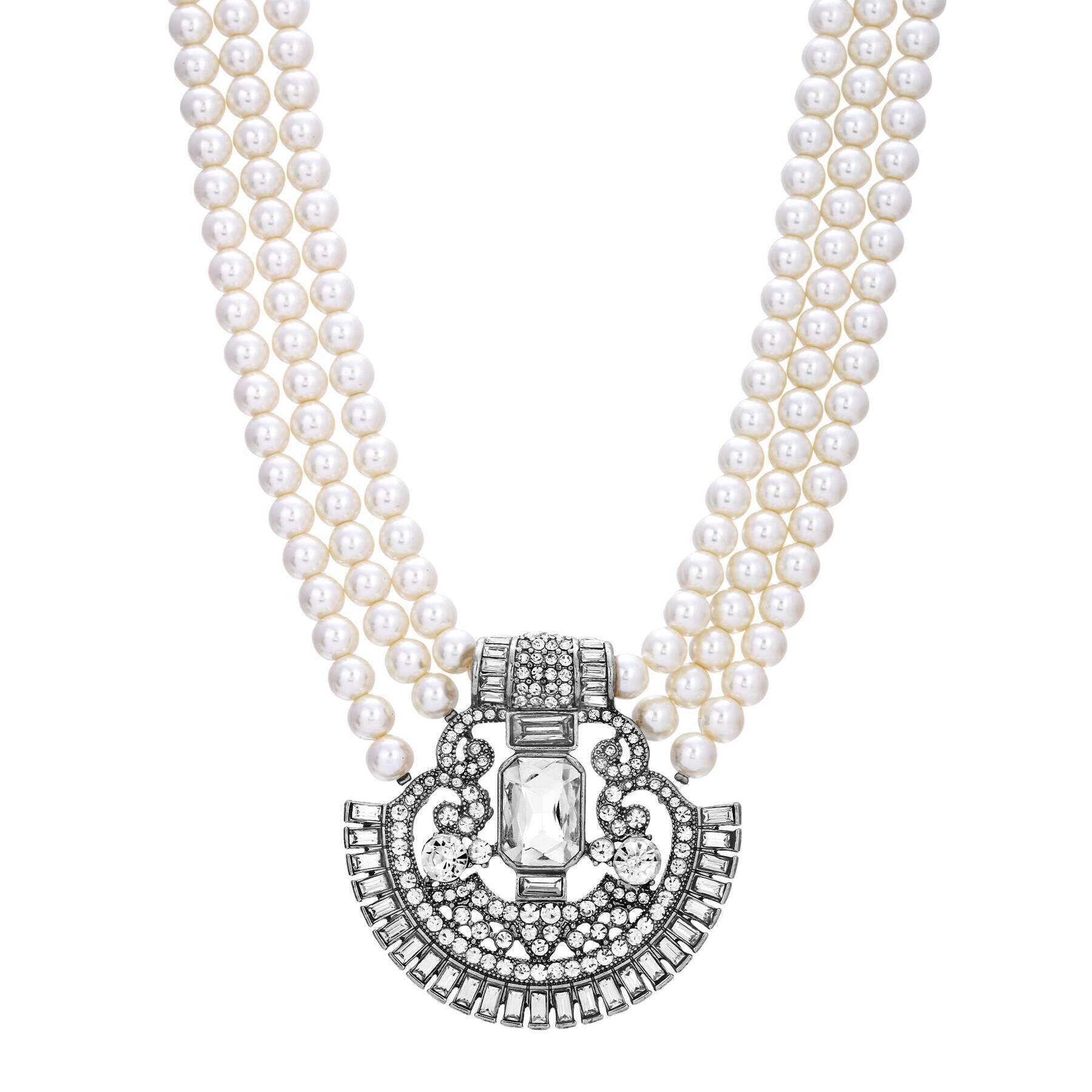 1928 Jewelry Three Row Beaded Strand Multi Crystal Pendant Necklace 16" + 3" Extender