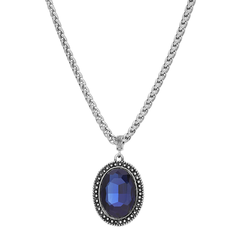 1928 Jewelry Oval Faceted Dark Blue Crystal Pendant Necklace 14" + 3" Extension
