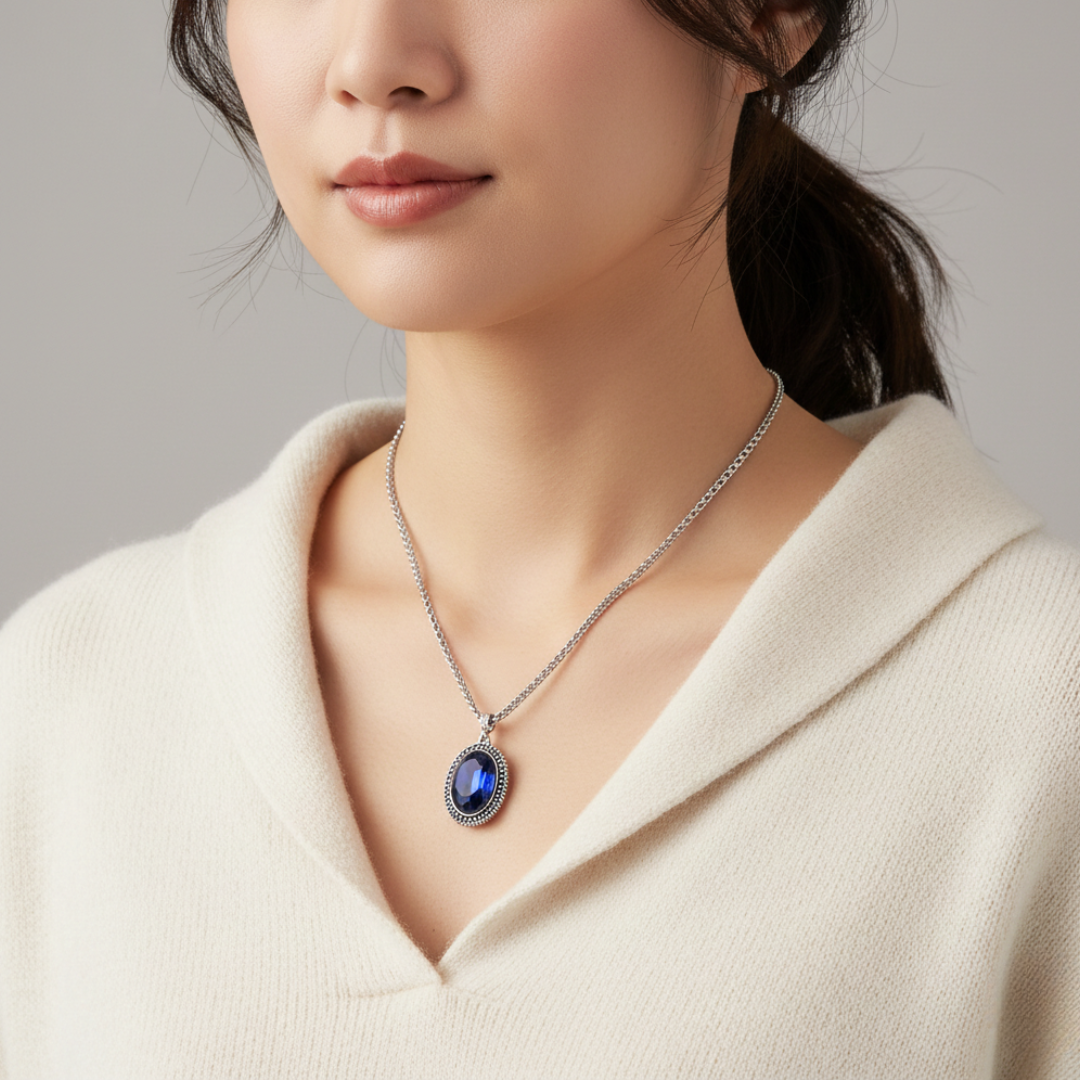 Woman wearing a necklace with a blue pendant against a neutral background