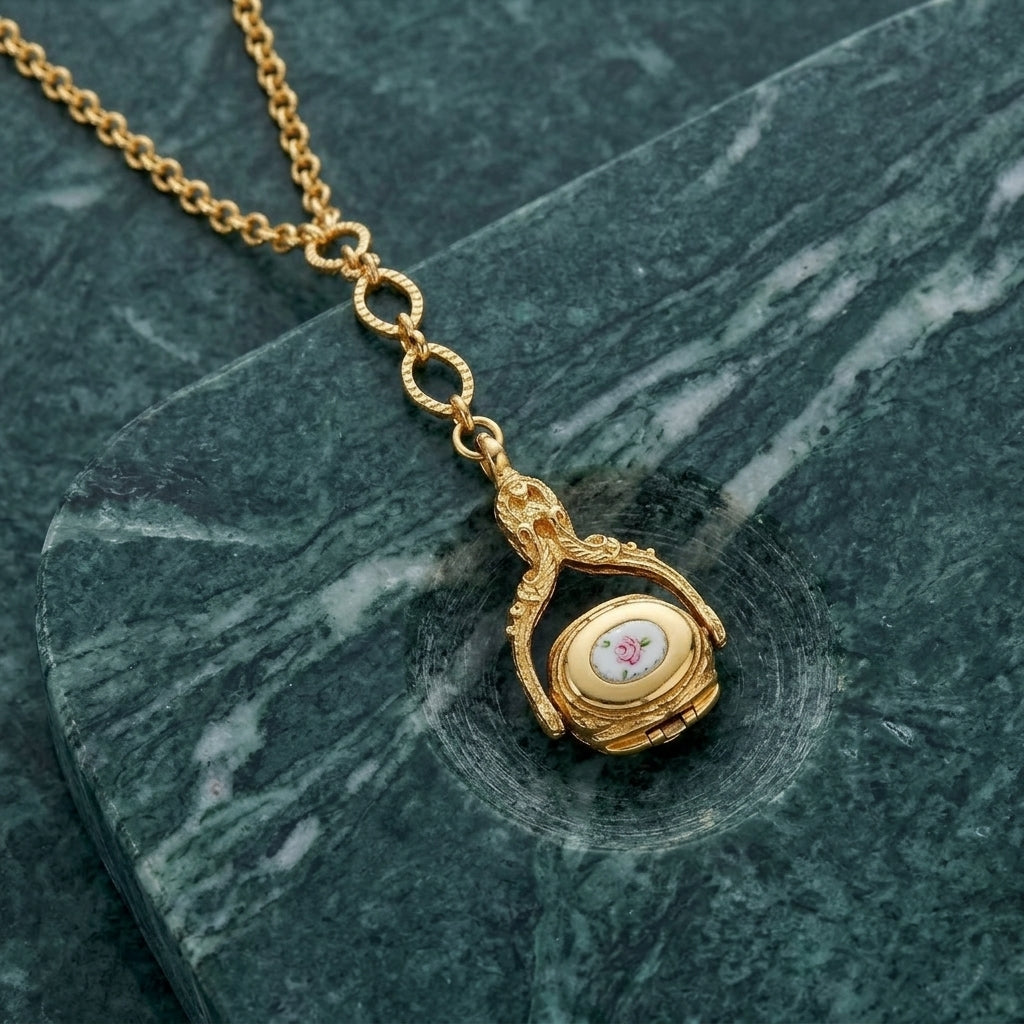 Gold tone 3-Sided Pink Floral Spinner Drop Locket Necklace on a green marble surface