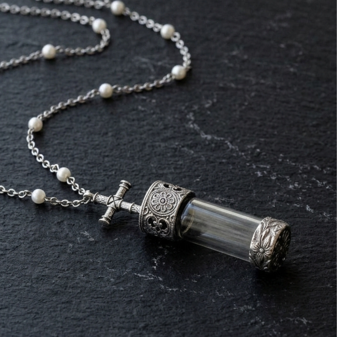 Faux Pearl Pewter Cross Cap Vial Necklace on a dark stone surface