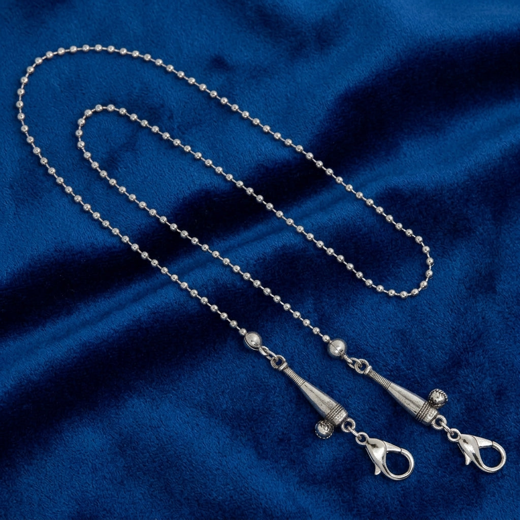 Silver tone Baseball & Bat Chain Mask Holder on blue fabric