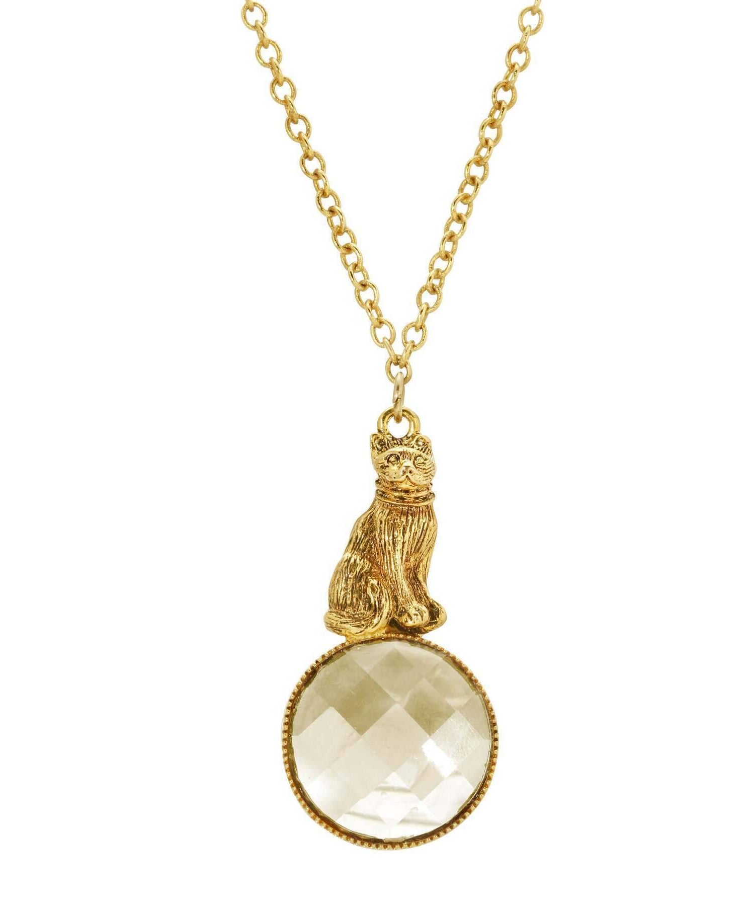 1928 Jewelry Sitting Cat On Round Light Topaz Stone Pendant Necklace 28"