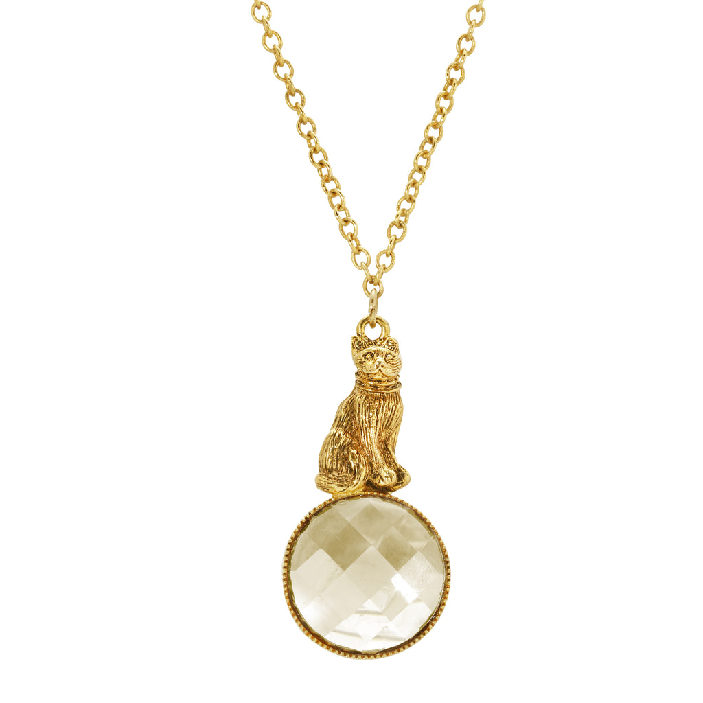 1928 Jewelry Sitting Cat On Round Light Topaz Stone Pendant Necklace 28"