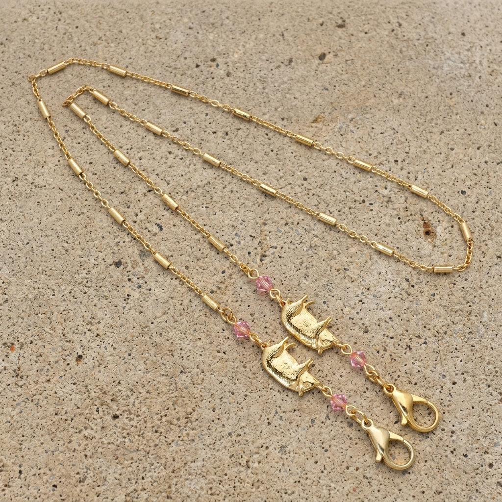 Pig with Light Rose Pink Beads Face Mask Chain Holder on stone surface