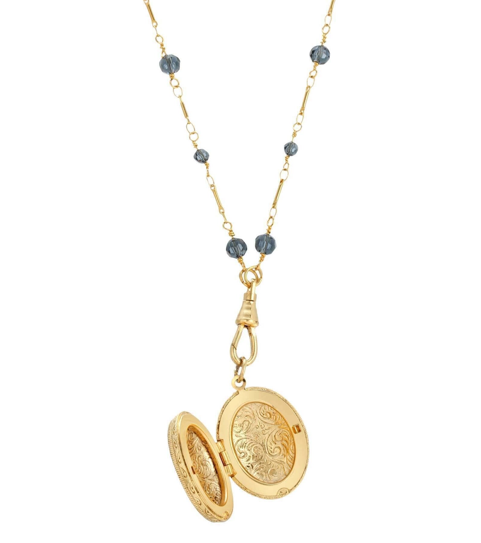 1928 Jewelry Blue Montana Glass Beaded Double Side Oval Floral Locket Necklace 30"