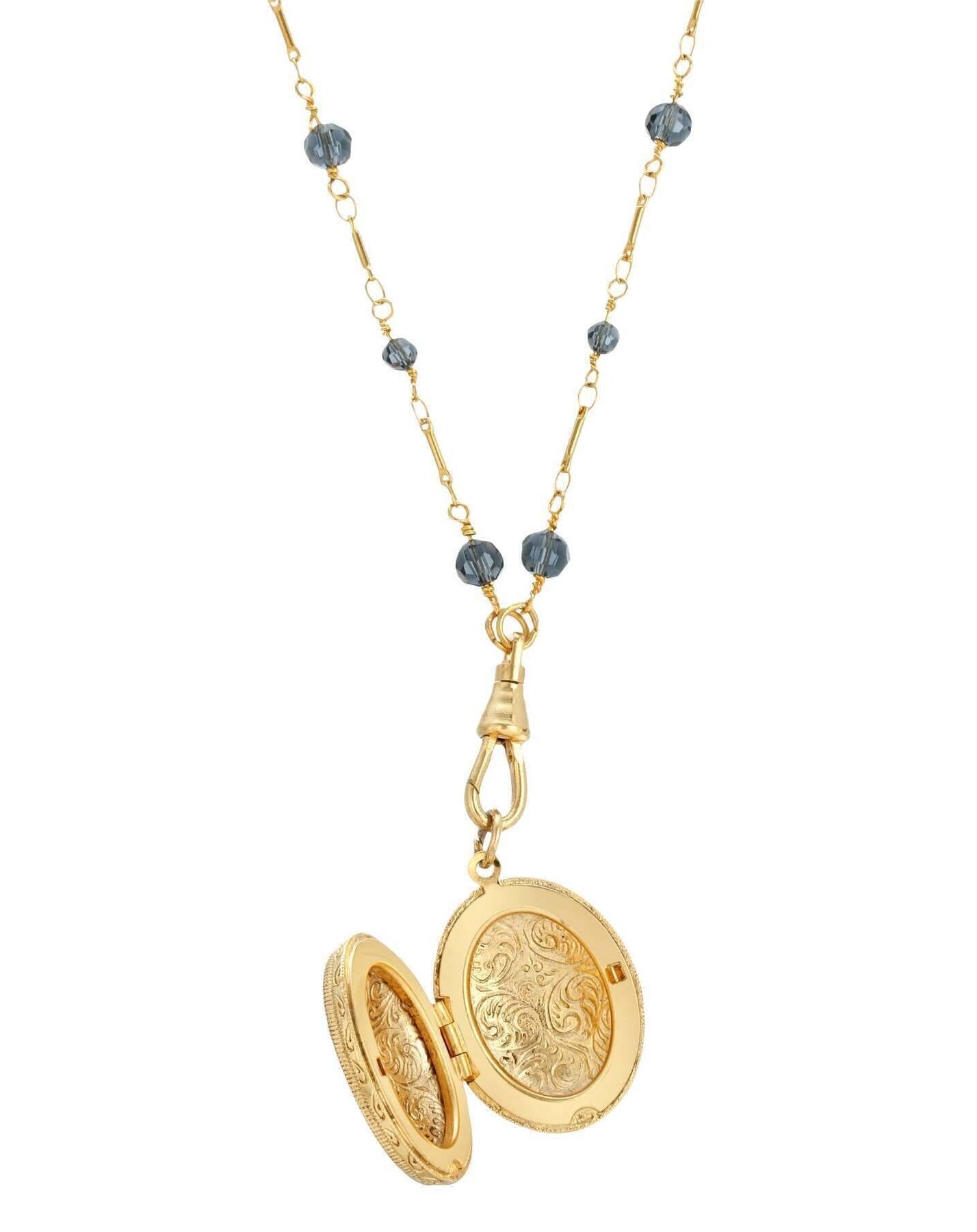 1928 Jewelry Blue Montana Glass Beaded Double Side Oval Floral Locket Necklace 30"