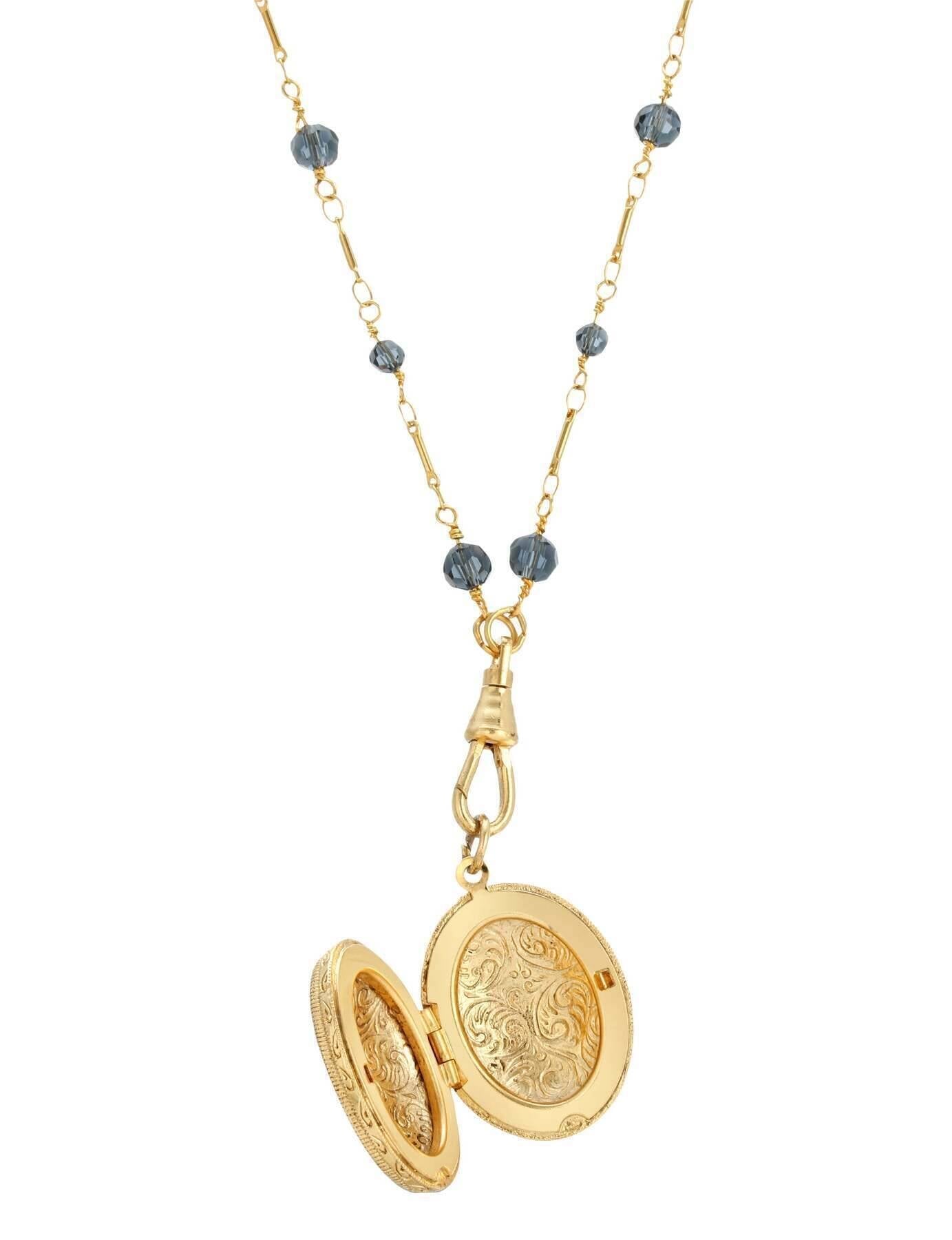 1928 Jewelry Blue Montana Glass Beaded Double Side Oval Floral Locket Necklace 30"