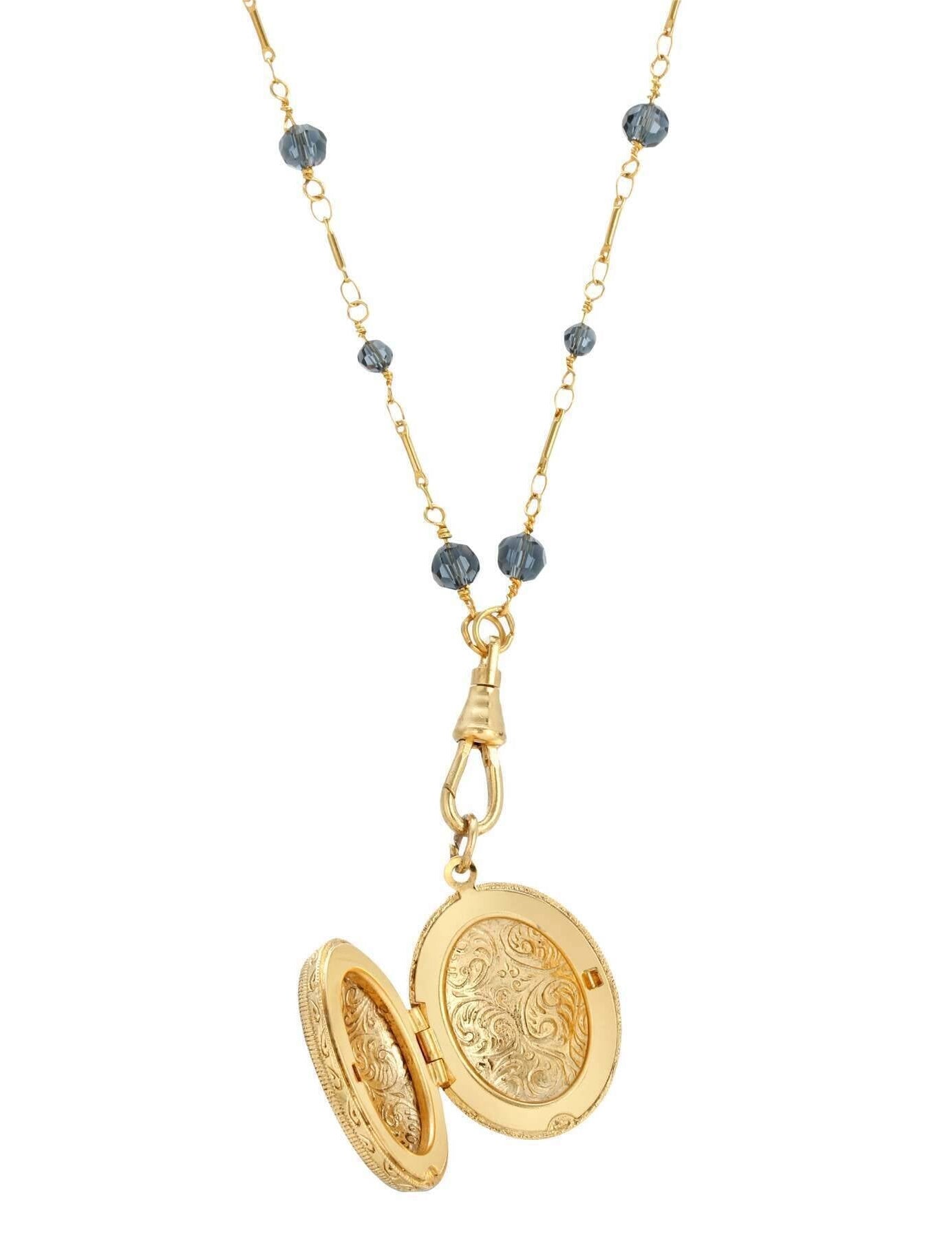 1928 Jewelry Blue Montana Glass Beaded Double Side Oval Floral Locket Necklace 30"