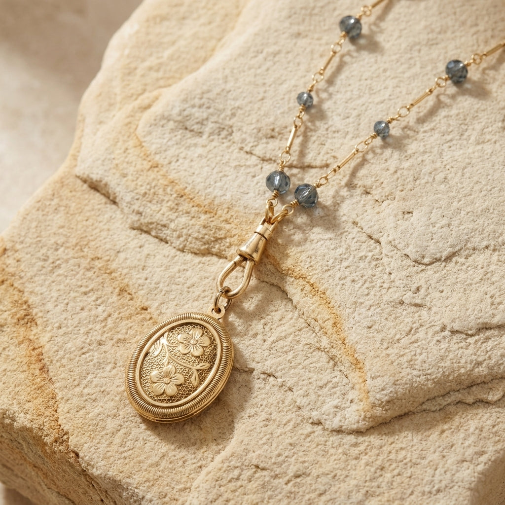 Blue Montana Glass Beaded Double Side Oval Floral Locket Necklace on a textured beige surface