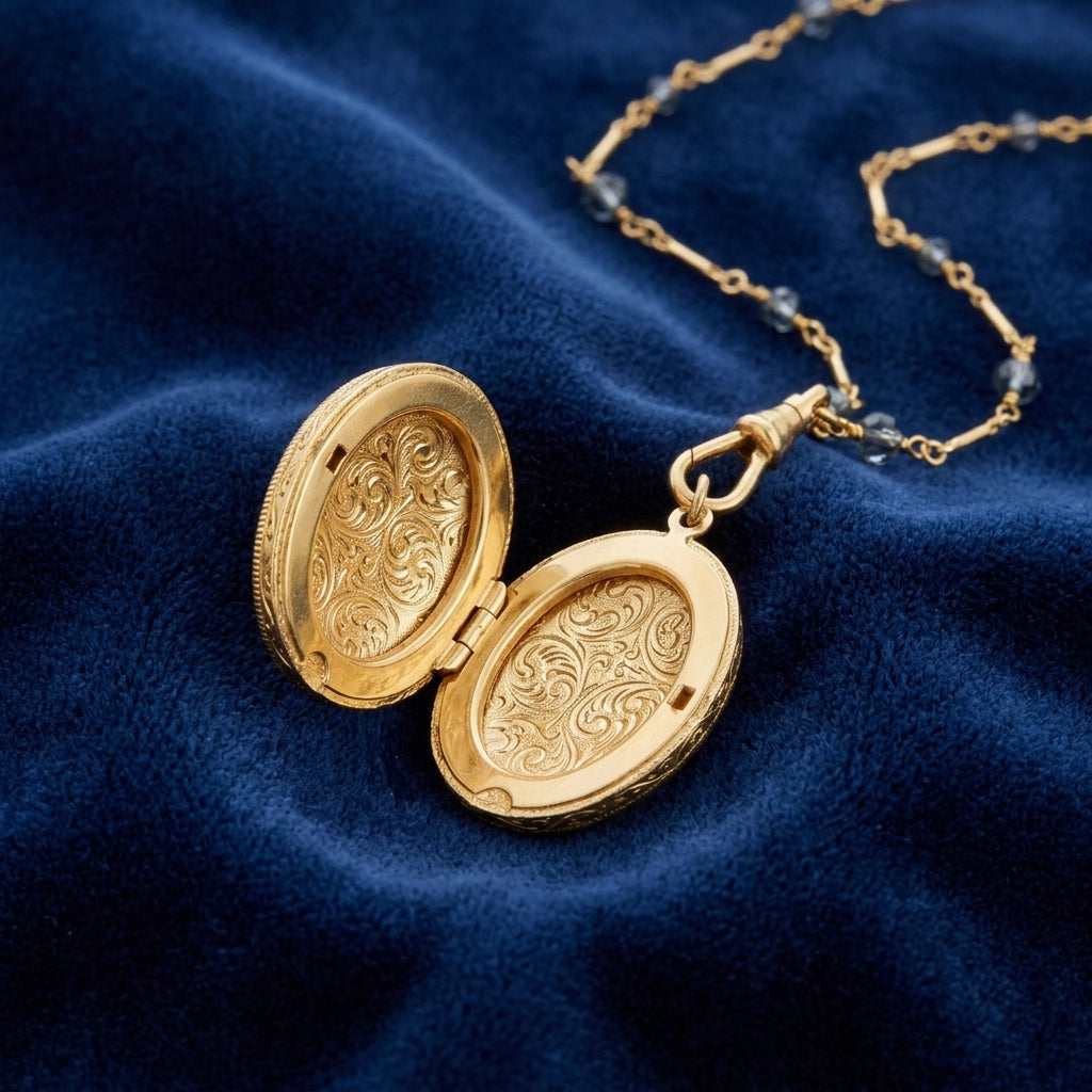Opened gold tone locket with intricate designs on a blue fabric background
