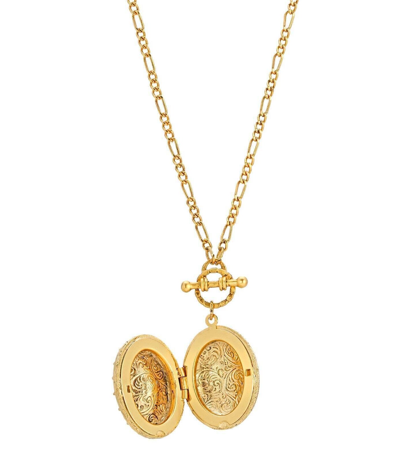 1928 Jewelry Oval Crystal Filigree Double Locket Necklace 30"