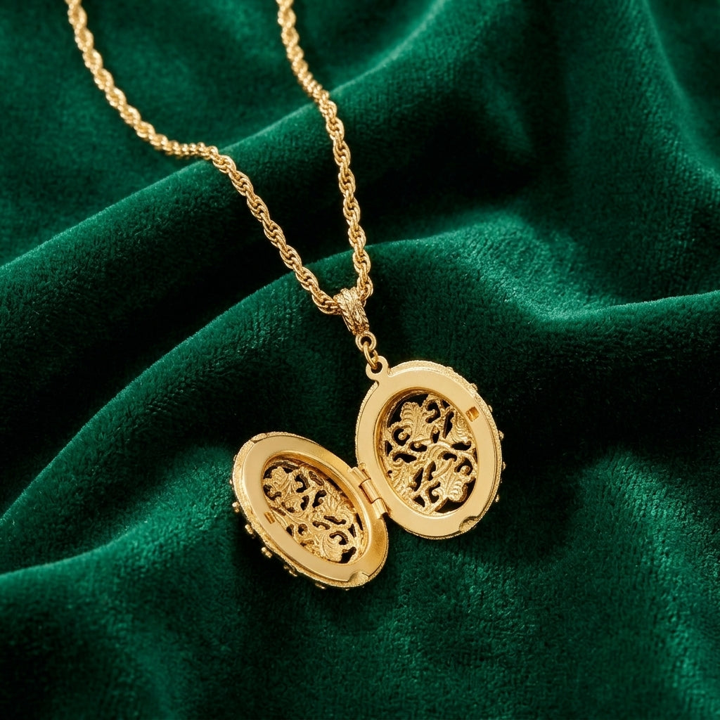 Gold necklace with a locket on a green velvet background