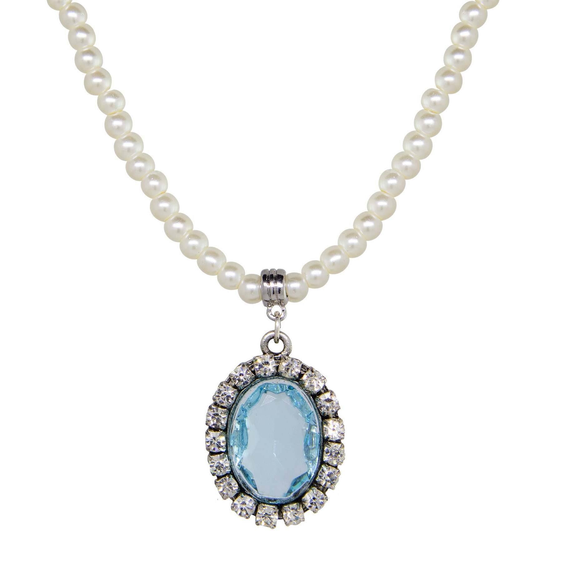 1928 Jewelry Oval Vivid Austrian Crystal Pendant 4mm Faux Pearl Strand Necklace 15" + 3" Extender
