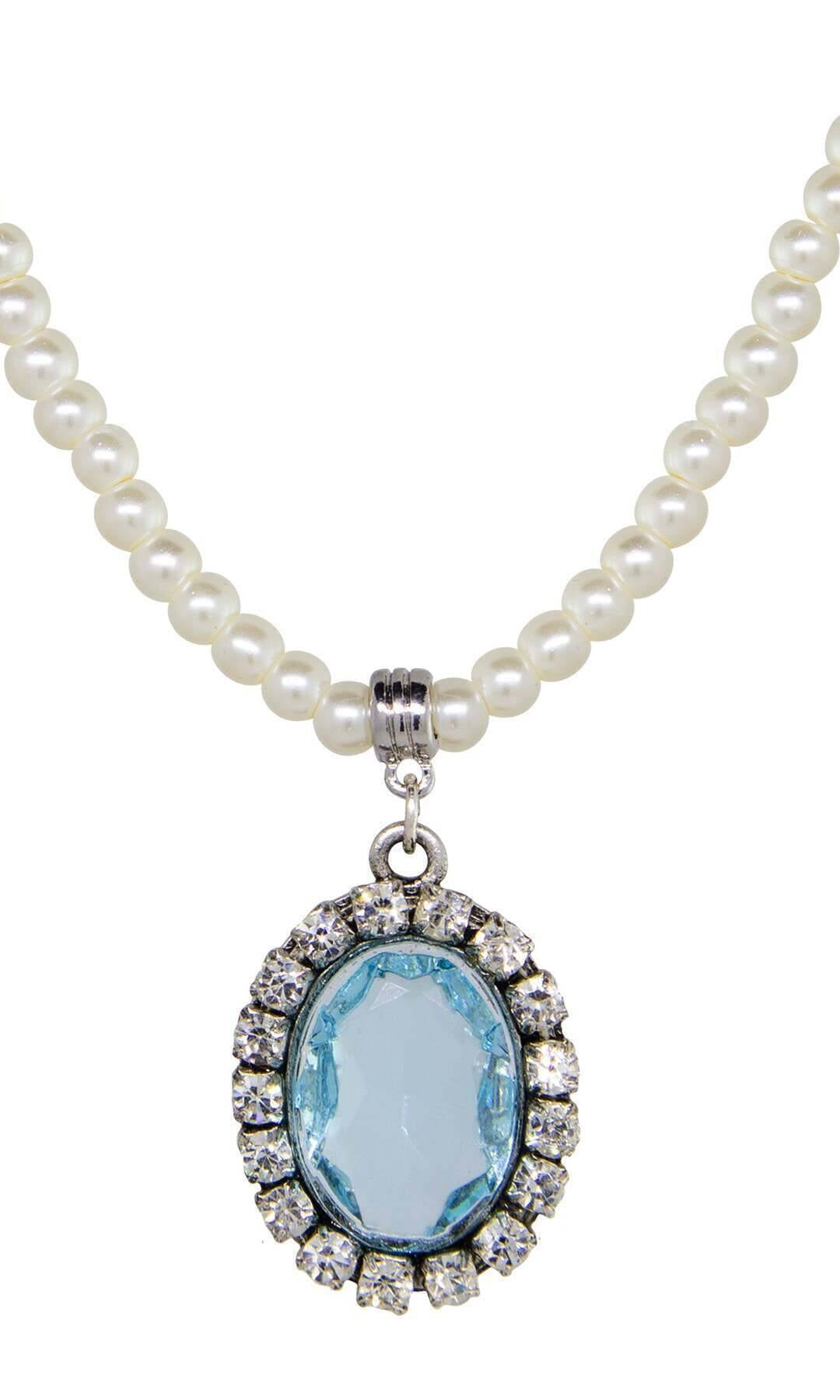 1928 Jewelry Oval Vivid Austrian Crystal Pendant 4mm Faux Pearl Strand Necklace 15" + 3" Extender