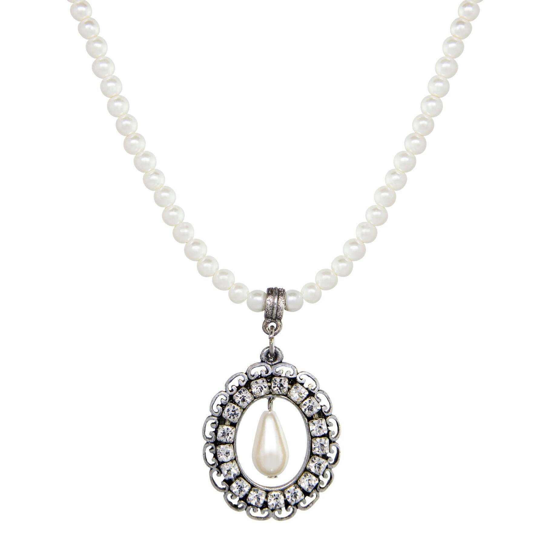 1928 Jewelry Oval Crystal Teardrop Pendant Faux Pearl Strand Necklace 15" + 3" Extension