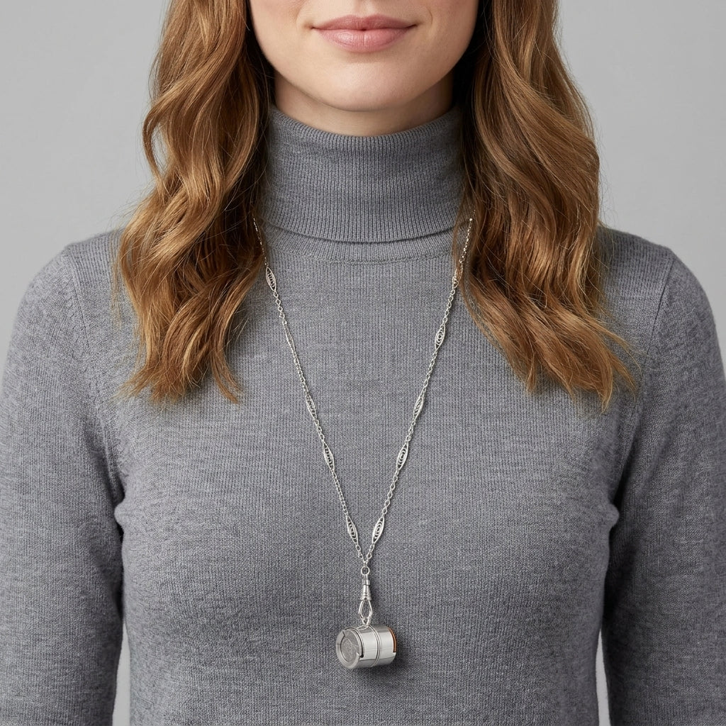 Person wearing a gray turtleneck sweater with a Vintage Spring Loaded Nickel Coin Holder Dispenser Pendant Necklace