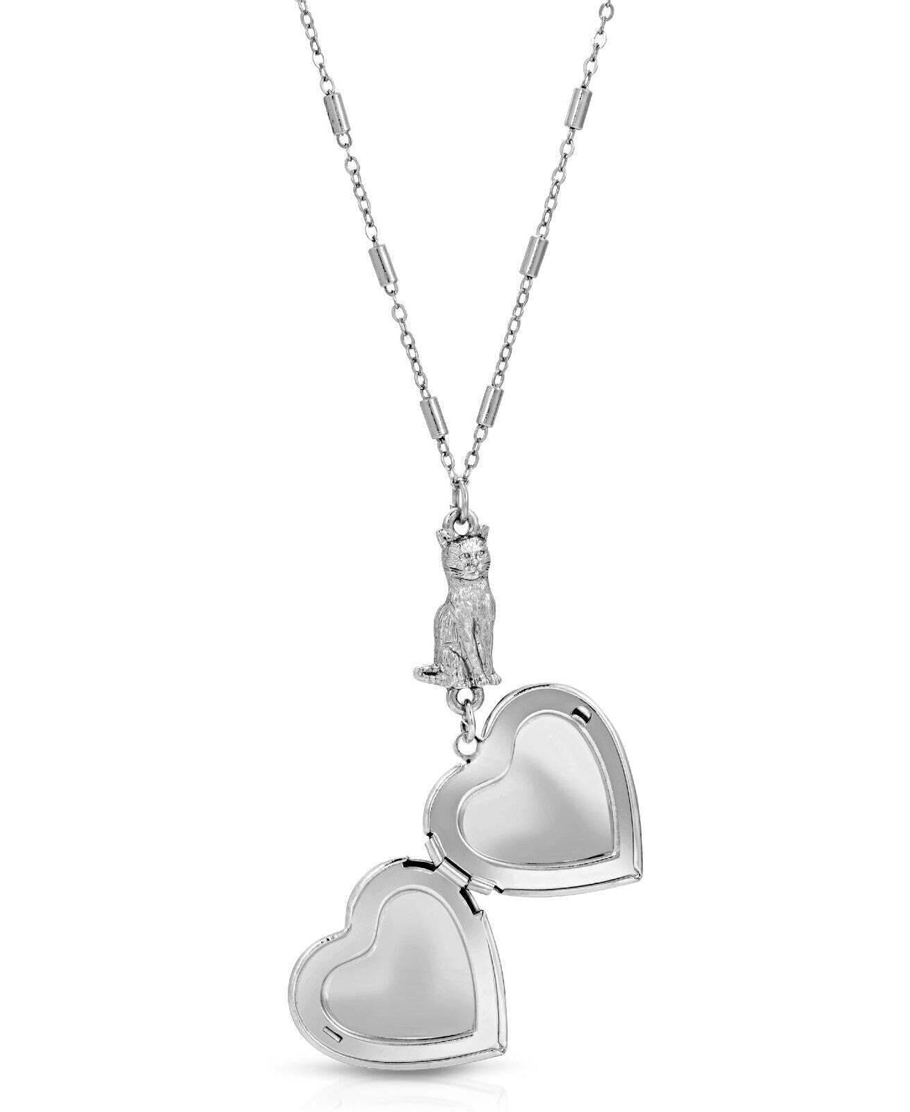 1928 Jewelry Sitting Cat And Heart Locket Necklace 30"