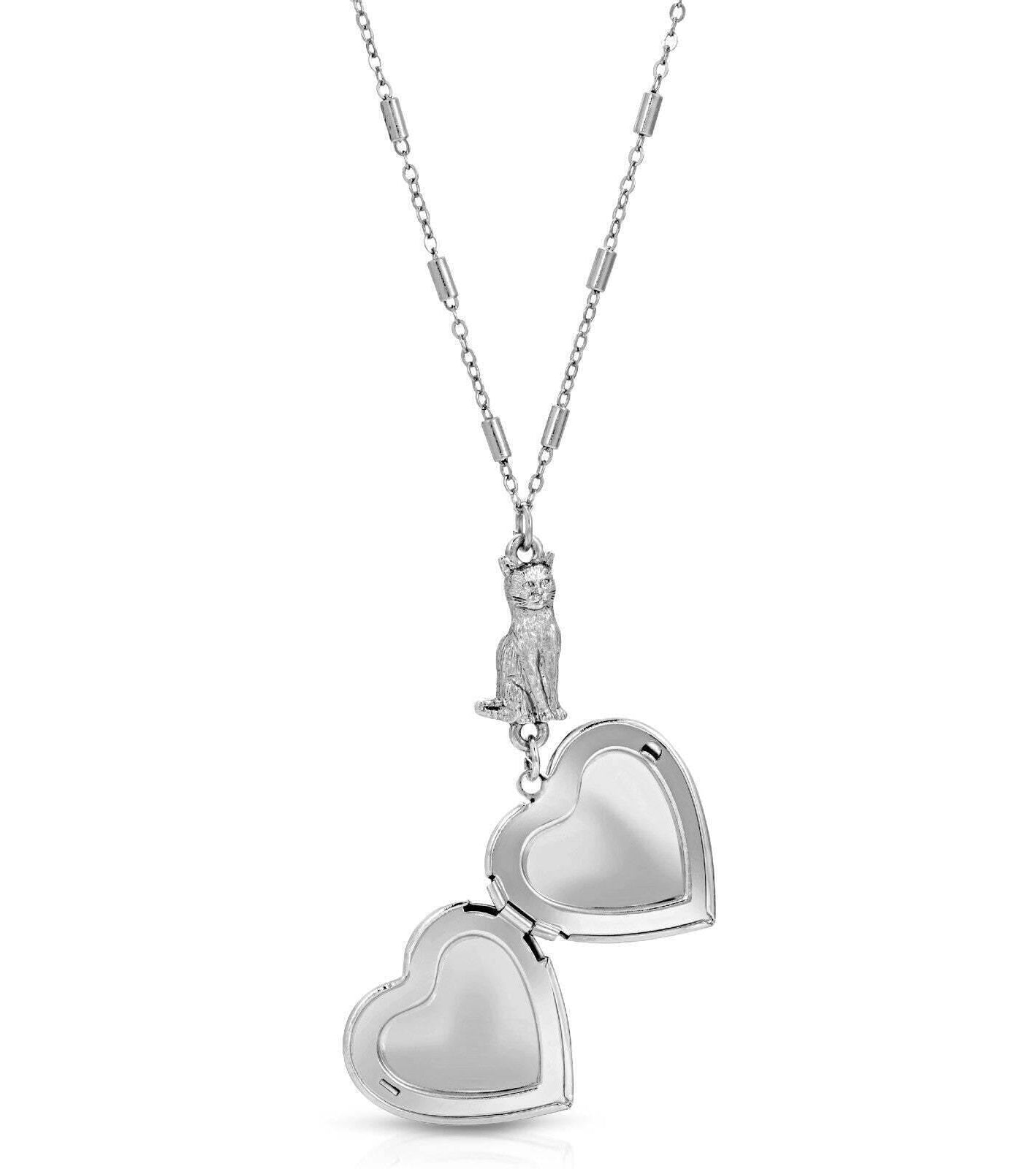 1928 Jewelry Sitting Cat And Heart Locket Necklace 30"