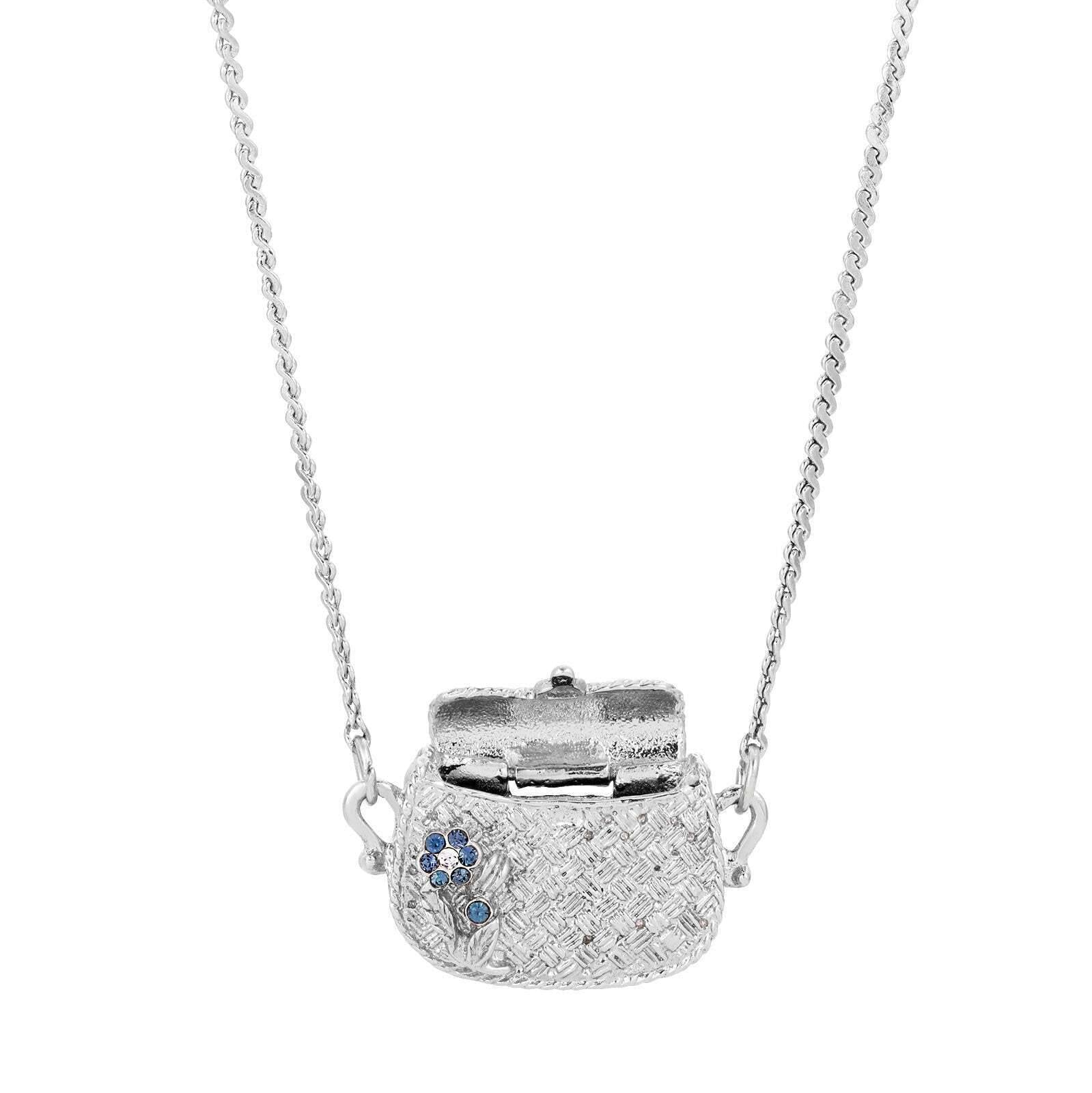 1928 Jewelry Montana Blue Crystal Flower Purse Locket Necklace 32"