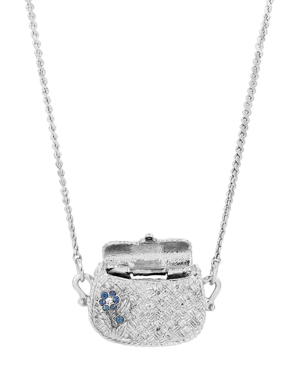 1928 Jewelry Montana Blue Crystal Flower Purse Locket Necklace 32"