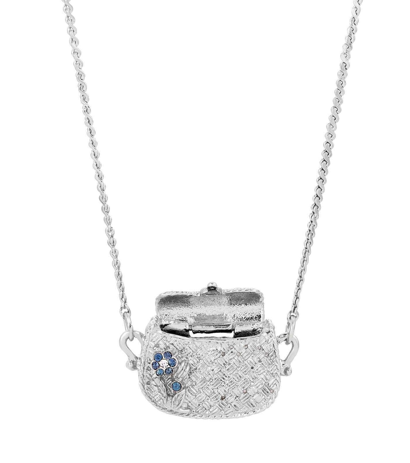 1928 Jewelry Montana Blue Crystal Flower Purse Locket Necklace 32"