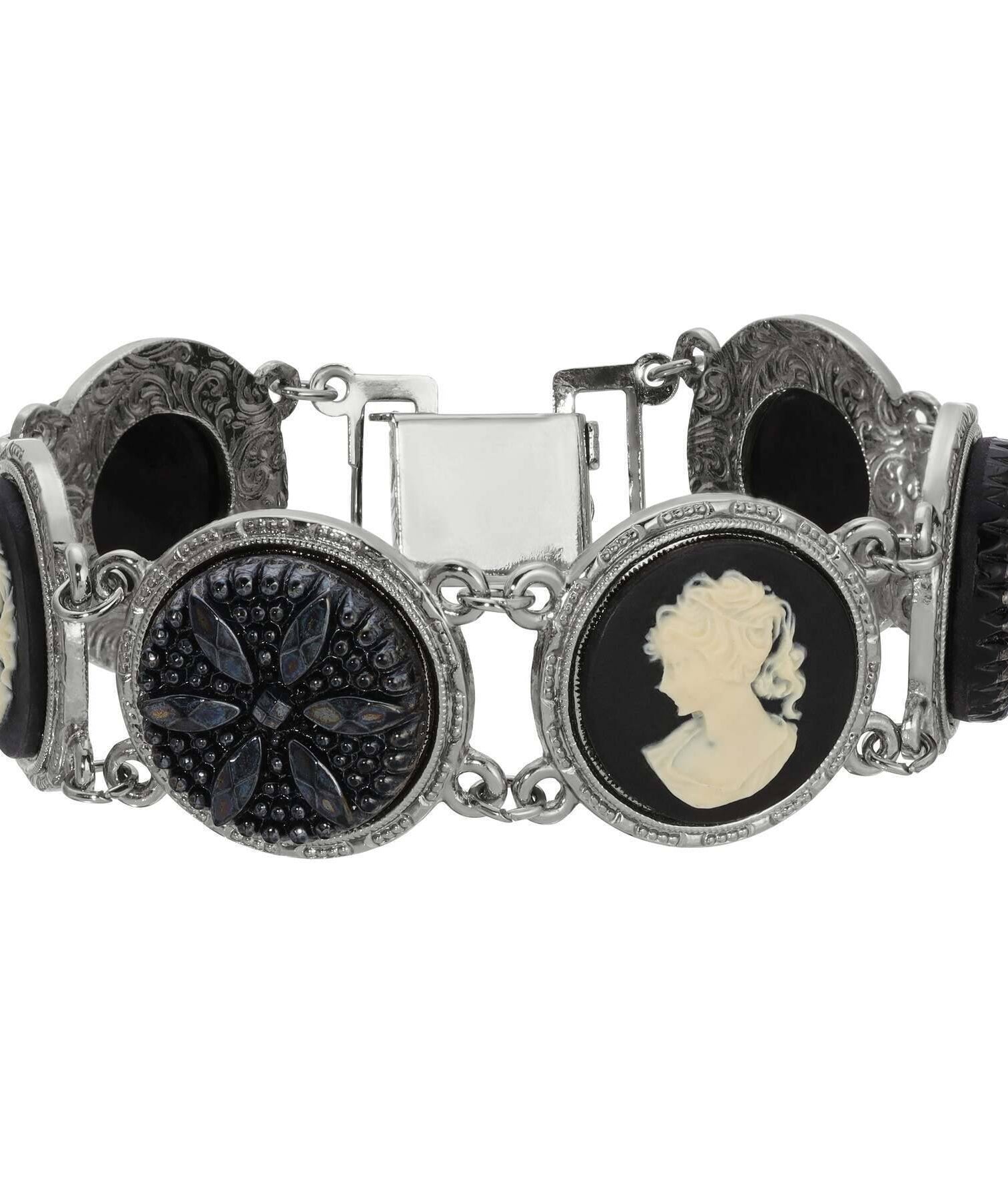 1928 Jewelry Black Floral Glass Stone & Cameo Clasp Bracelet