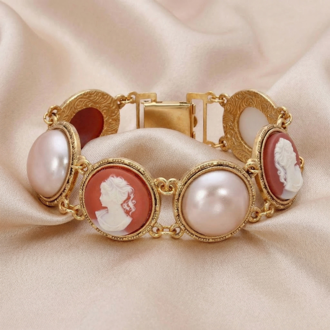 Gold bracelet with pearls and cameo stones on a beige fabric background