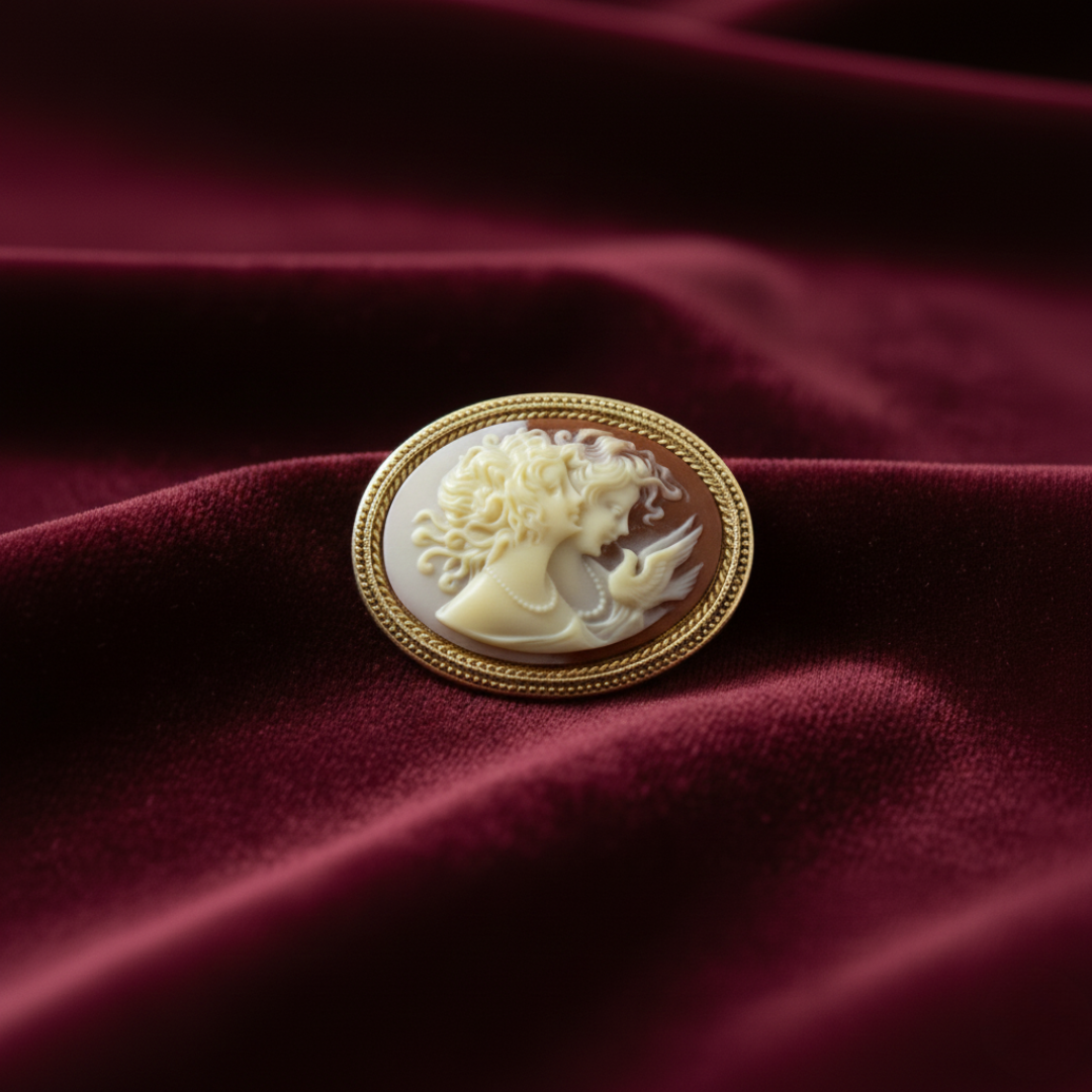 Gold and white cameo brooch on a red velvet background
