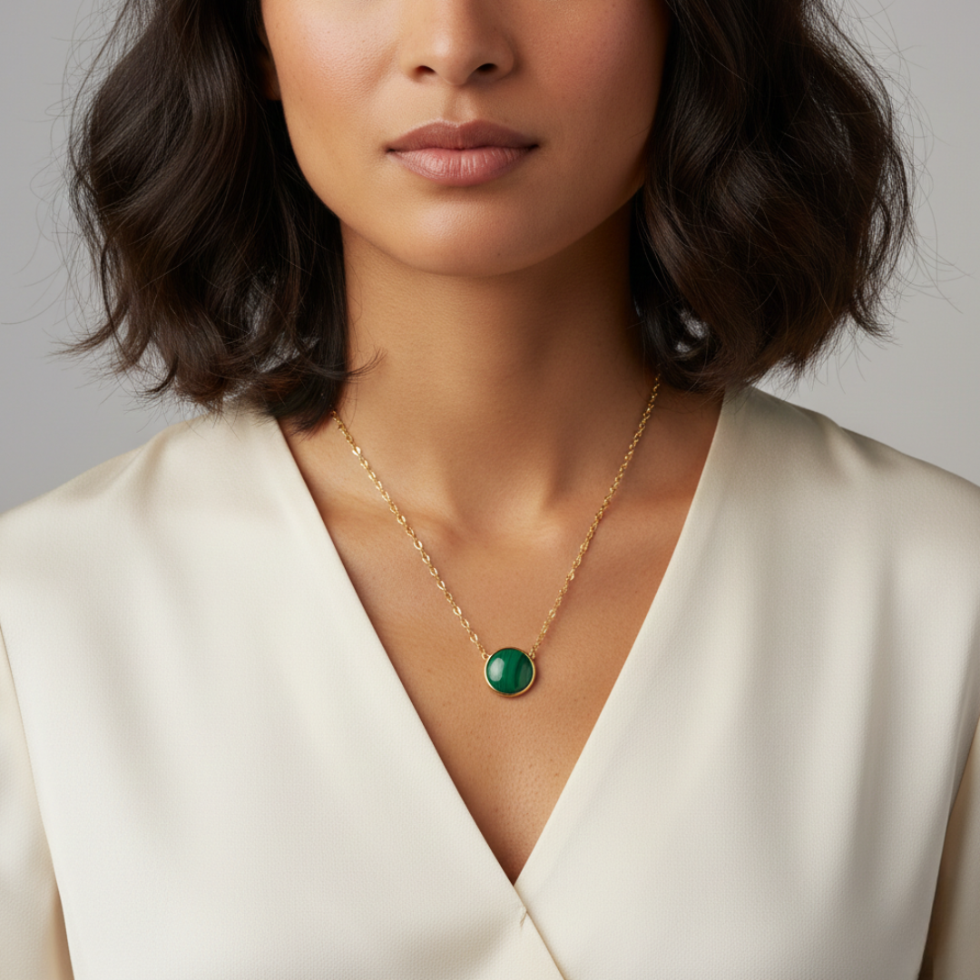 Woman wearing a gold necklace with a green gemstone pendant against a neutral background