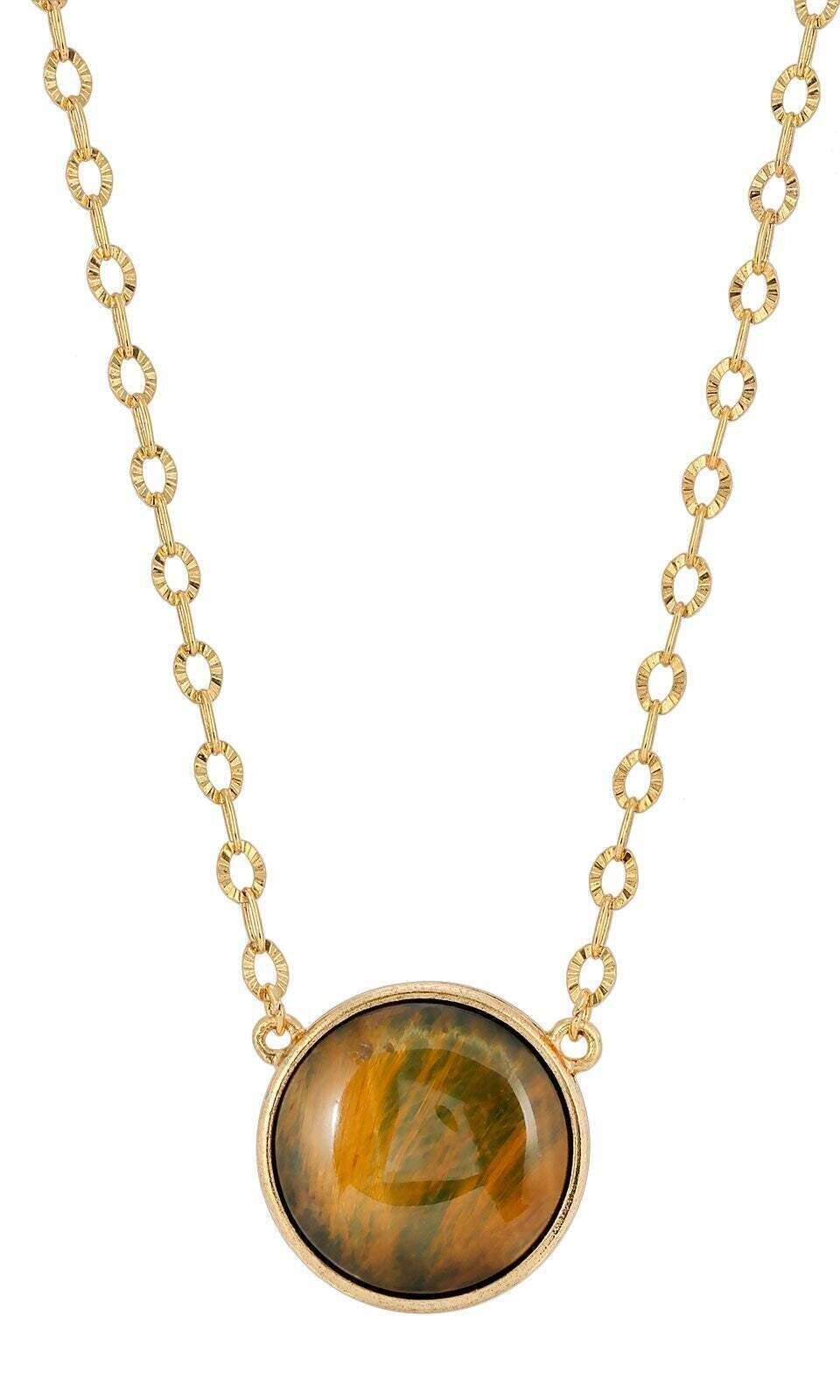 1928 Jewelry Round Cabochon Gemstone Pendant Necklace 16" + 3" Extender
