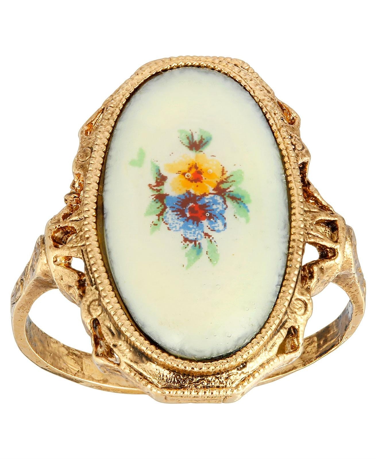 1928 Jewelry Ivory Enamel Blue & Yellow Flower Ring