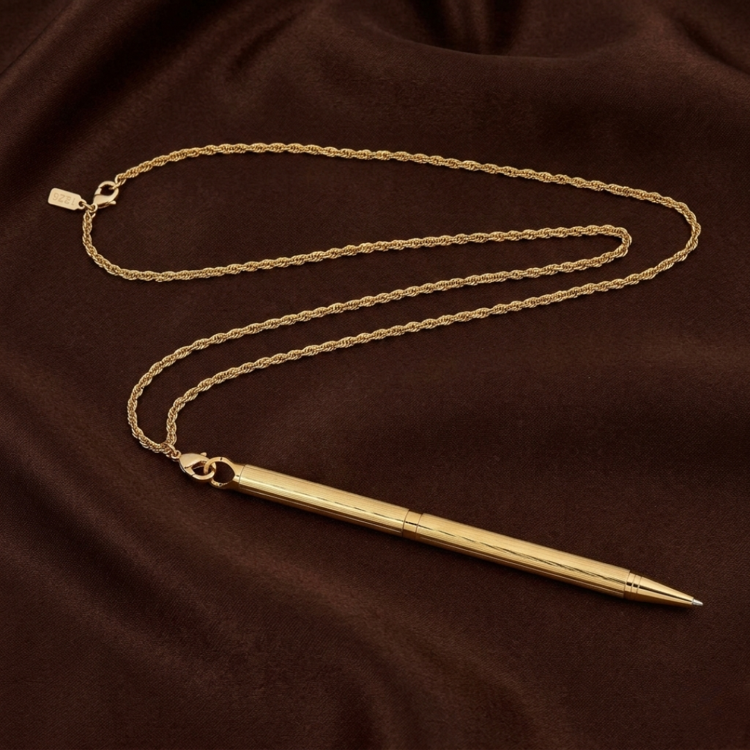 Gold pen necklace on a brown fabric background