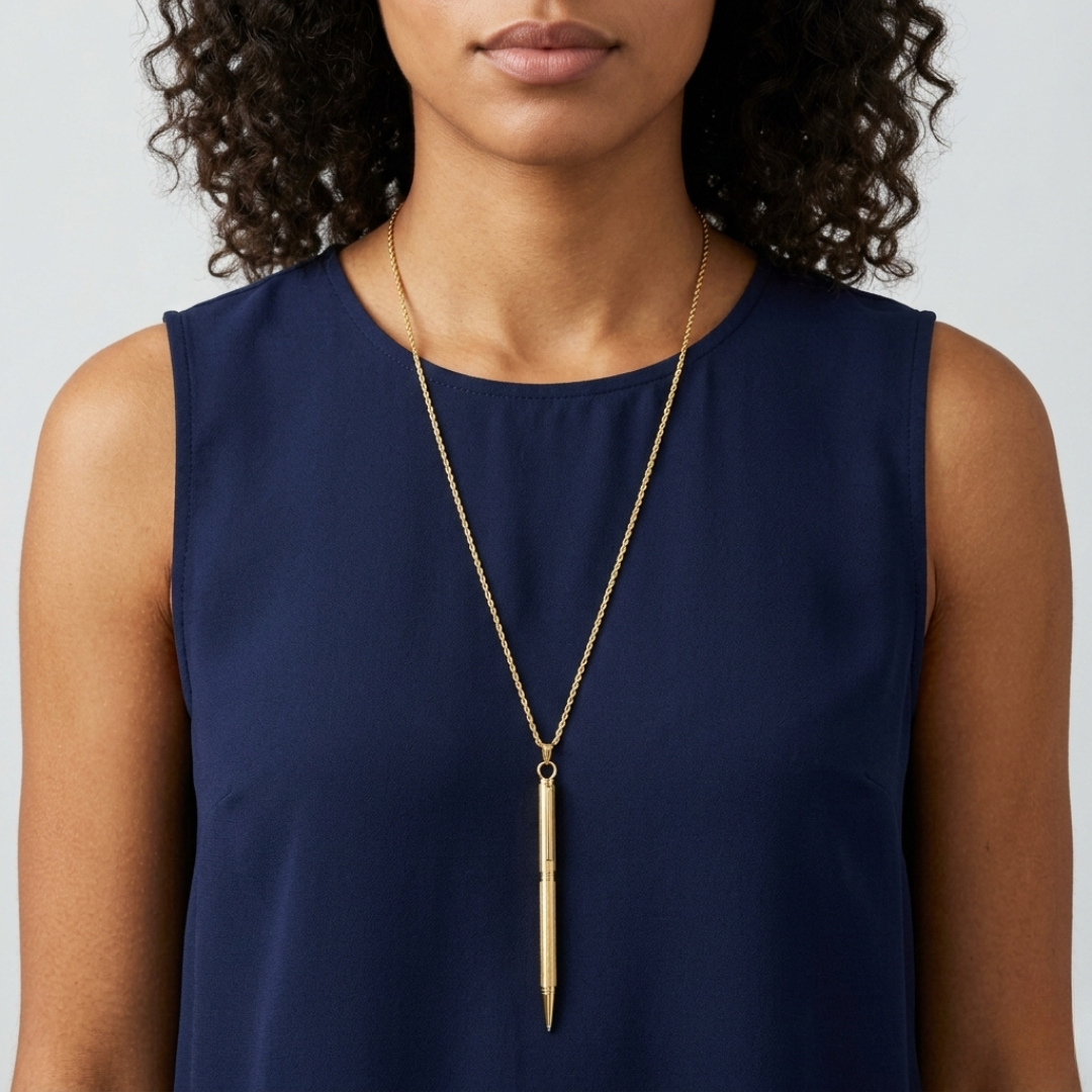Woman wearing a navy blue sleeveless top with a gold pen pendant necklace against a plain background