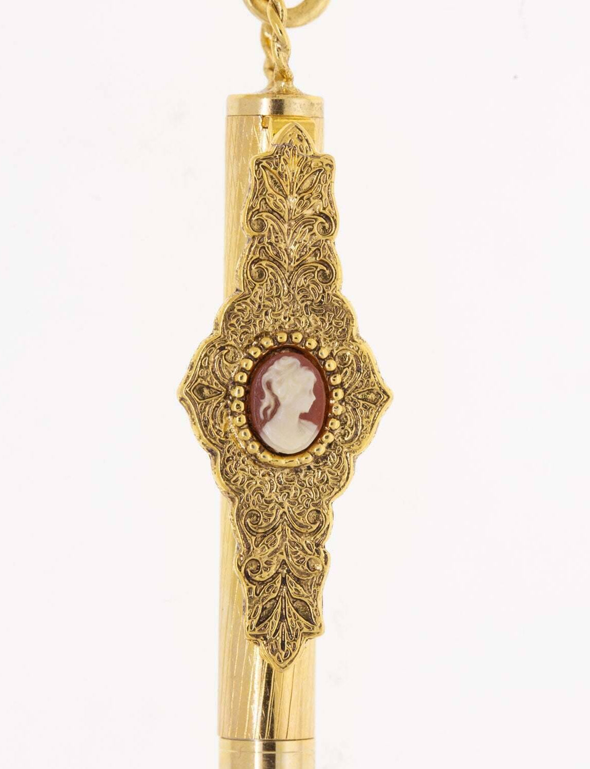 1928 Jewelry Oval Carnelian Red Cameo Ball Point Pen Necklace 28"