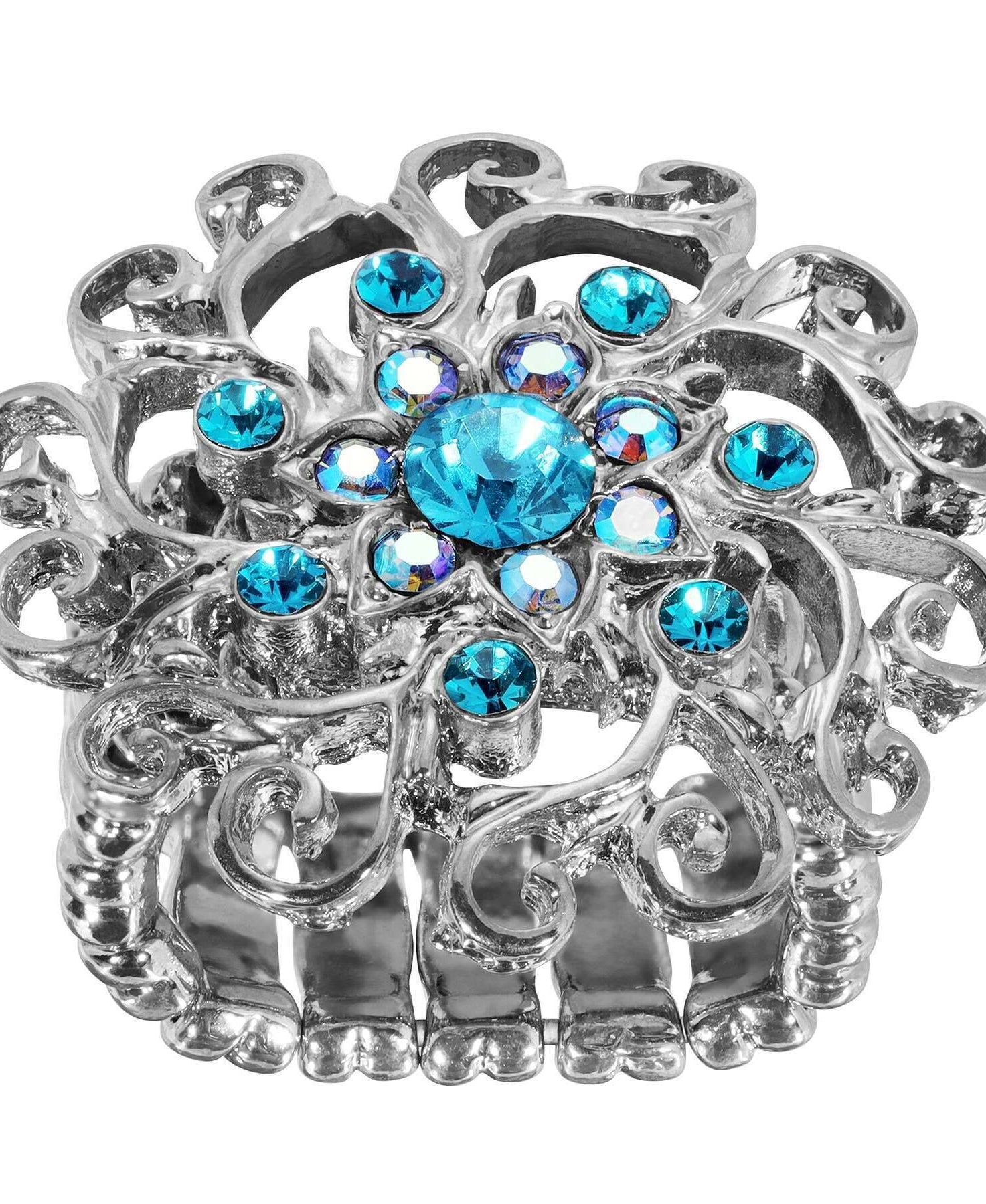 1928 Jewelry Round Multi Crystal Ornate Flower Stretch Ring