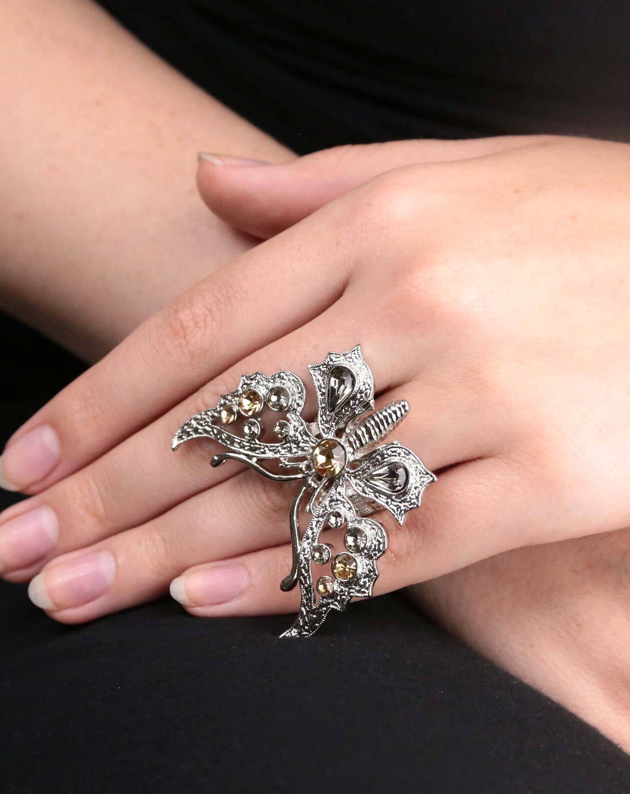 1928 Jewelry Light Topaz And Black Diamond Color Butterfly Stretch Ring