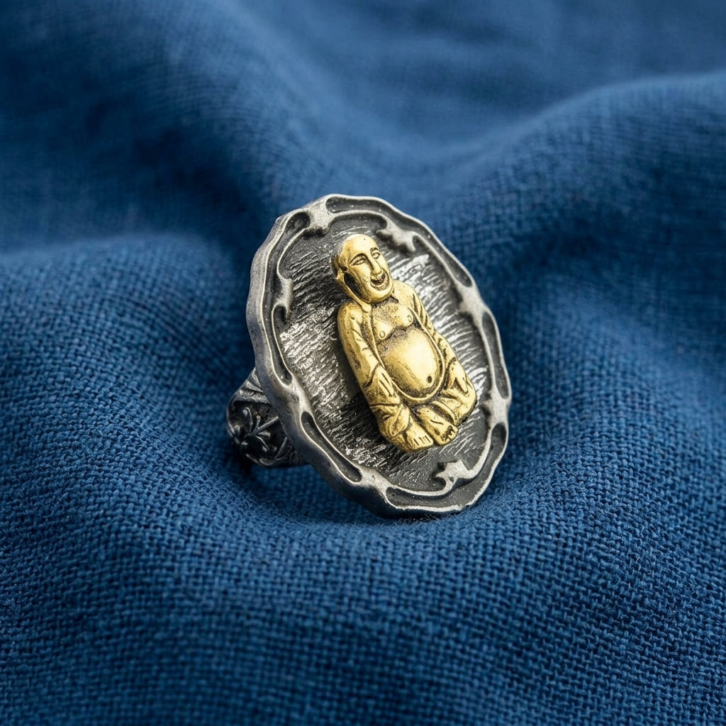 A silver-toned ring featuring a raised gold-toned Buddha figure, displayed on a textured blue fabric background.