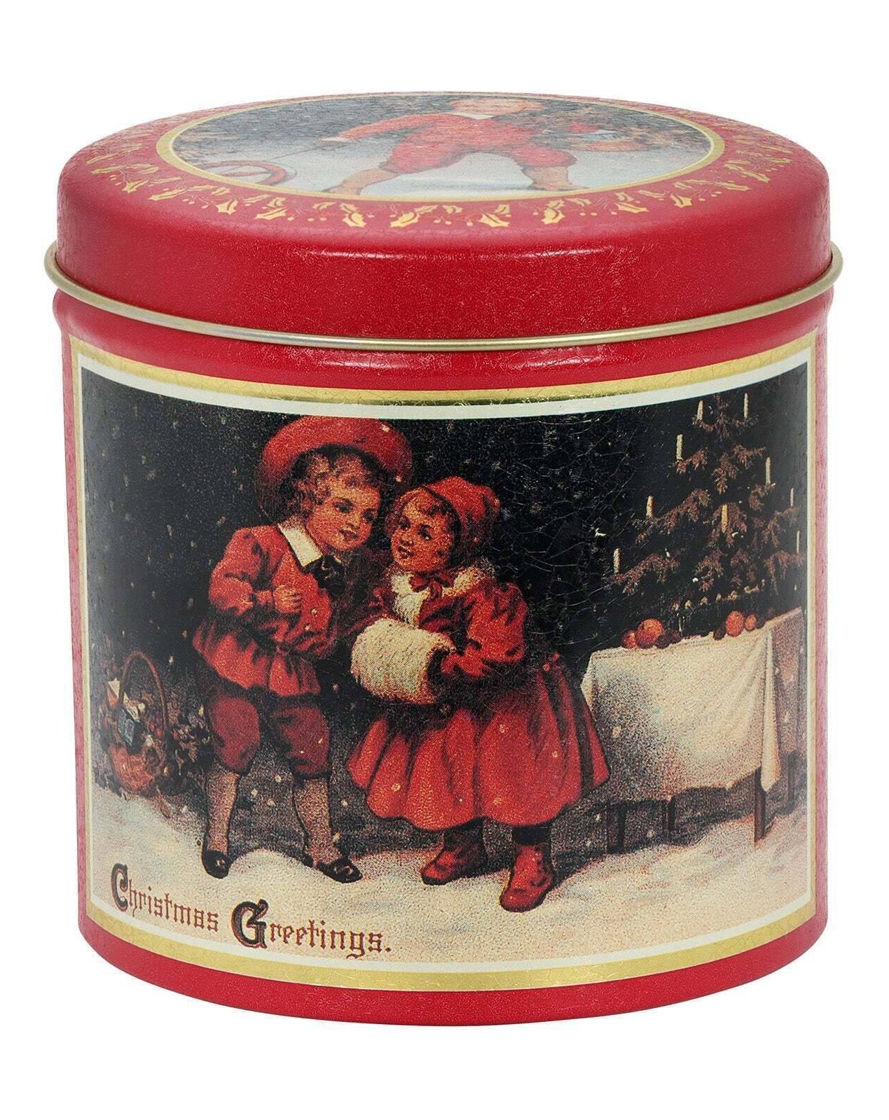 1928 Jewelry Classic Christmas Carolers Distressed Red Round Holiday Tin Box Can Set (Pack Of 6)