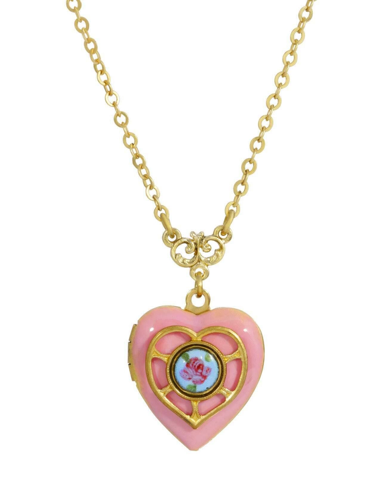 1928 Jewelry Heart Picture Locket Pink Rose Necklace 16" + 3" Extender