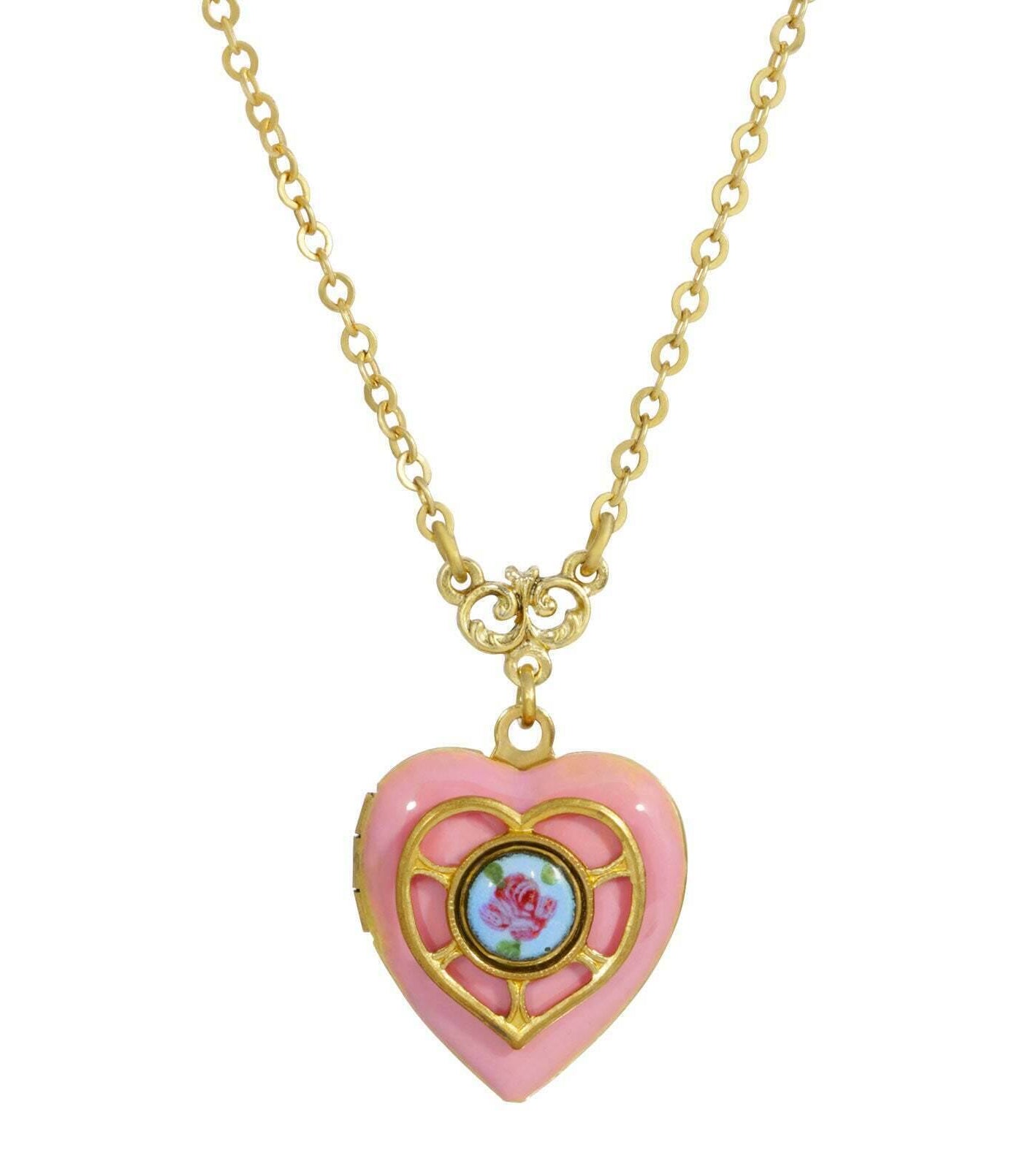 1928 Jewelry Heart Picture Locket Pink Rose Necklace 16" + 3" Extender