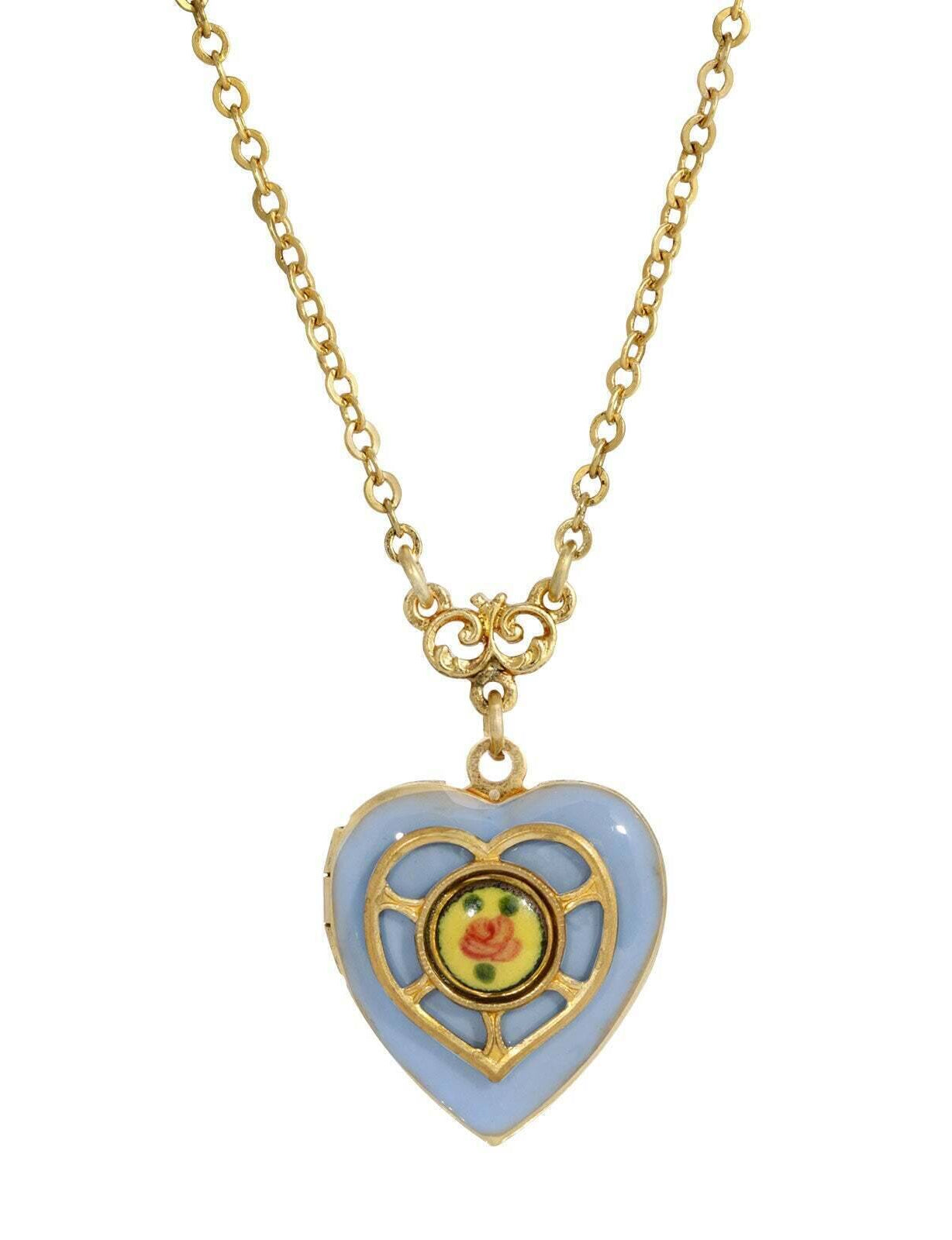 1928 Jewelry Heart Picture Locket Pink Rose Necklace 16" + 3" Extender