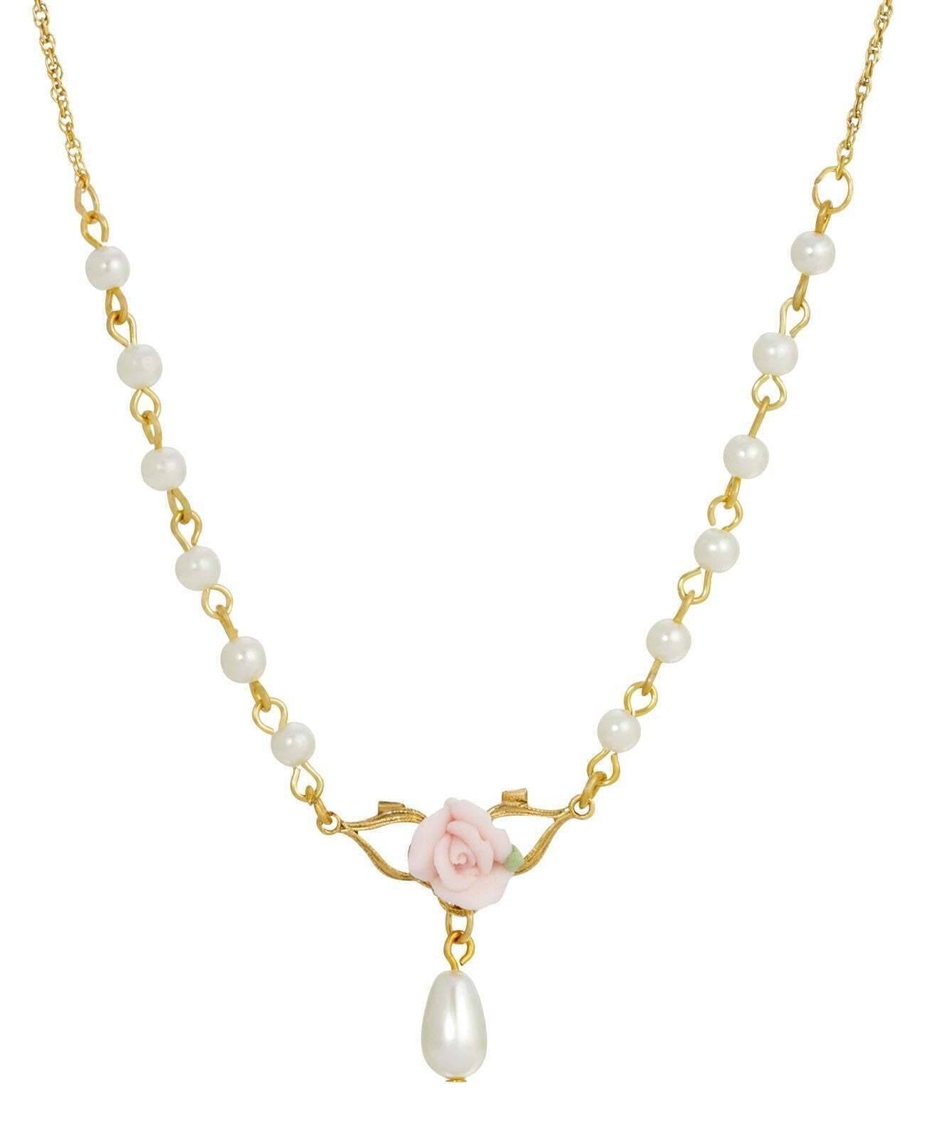 1928 Jewelry Porcelain Rose 4mm Faux Pearl Drop Necklace 16" + 3" Extender