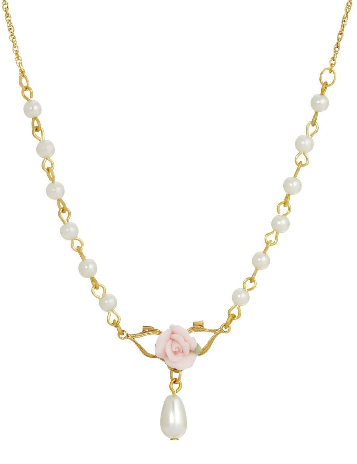 1928 Jewelry Porcelain Rose 4mm Faux Pearl Drop Necklace 16" + 3" Extender