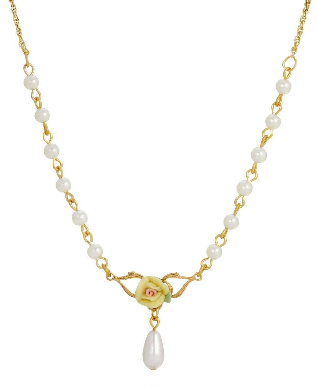 1928 Jewelry Porcelain Rose 4mm Faux Pearl Drop Necklace 16" + 3" Extender