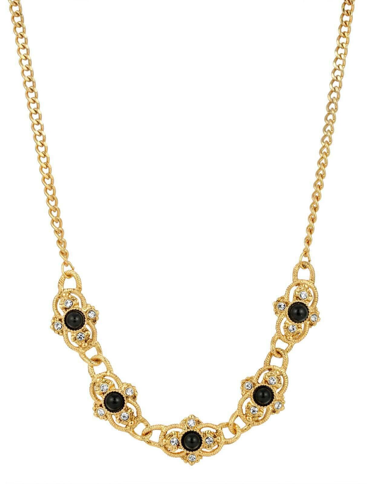 1928 Jewelry Prestige Textured Link Crystal Round Stone Collar Necklace 15"