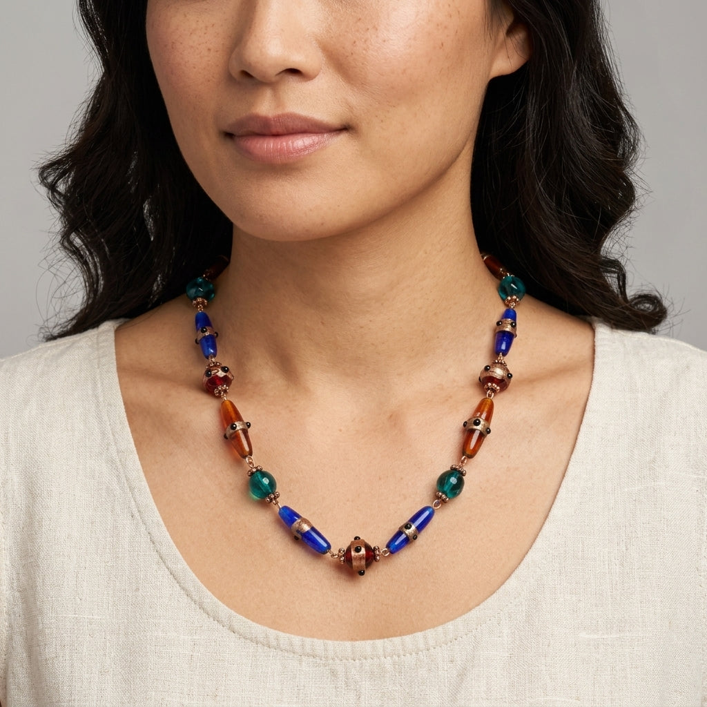 Woman in a light top wearing a Bohemian Multi Color Beaded Necklace